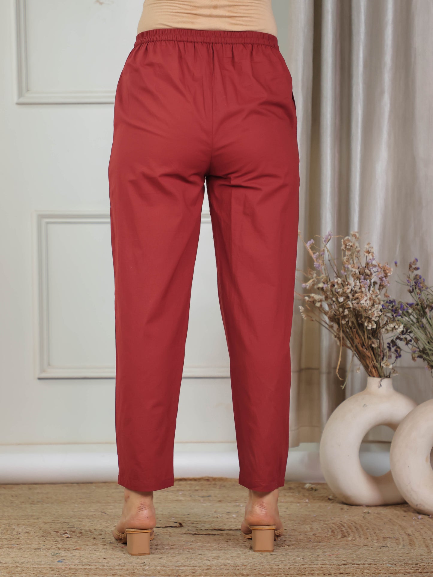 Soft Cotton Solid Red Tapered Trousers