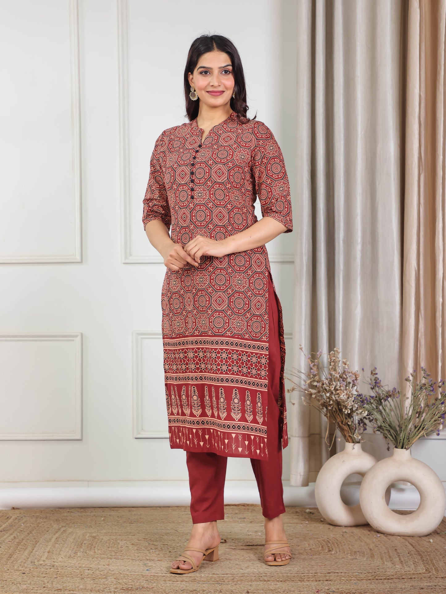 Soft Cotton Geometric Straight Red Kurta