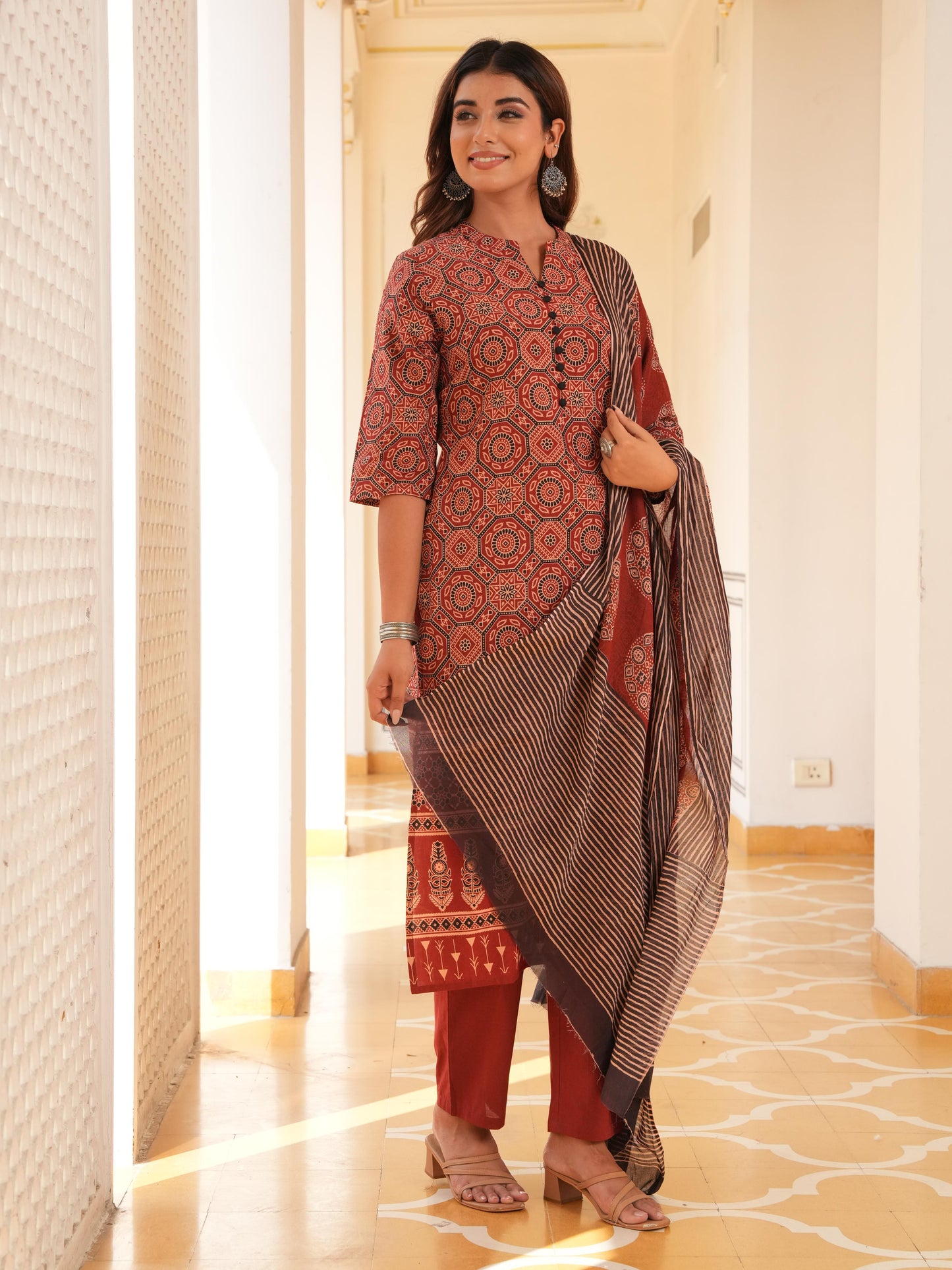 Soft Cotton Geometric Straight Red Kurta