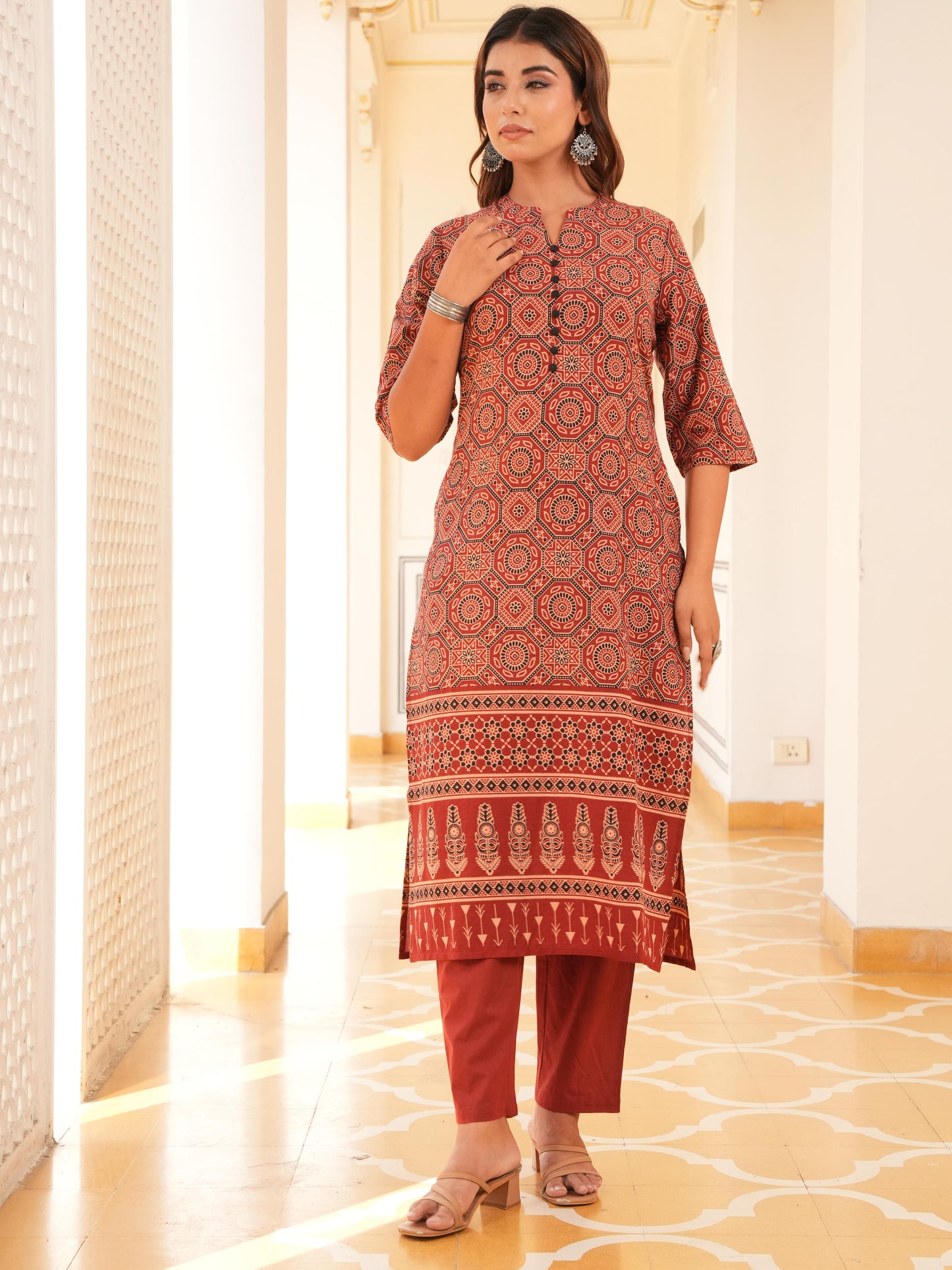Soft Cotton Geometric Straight Red Kurta