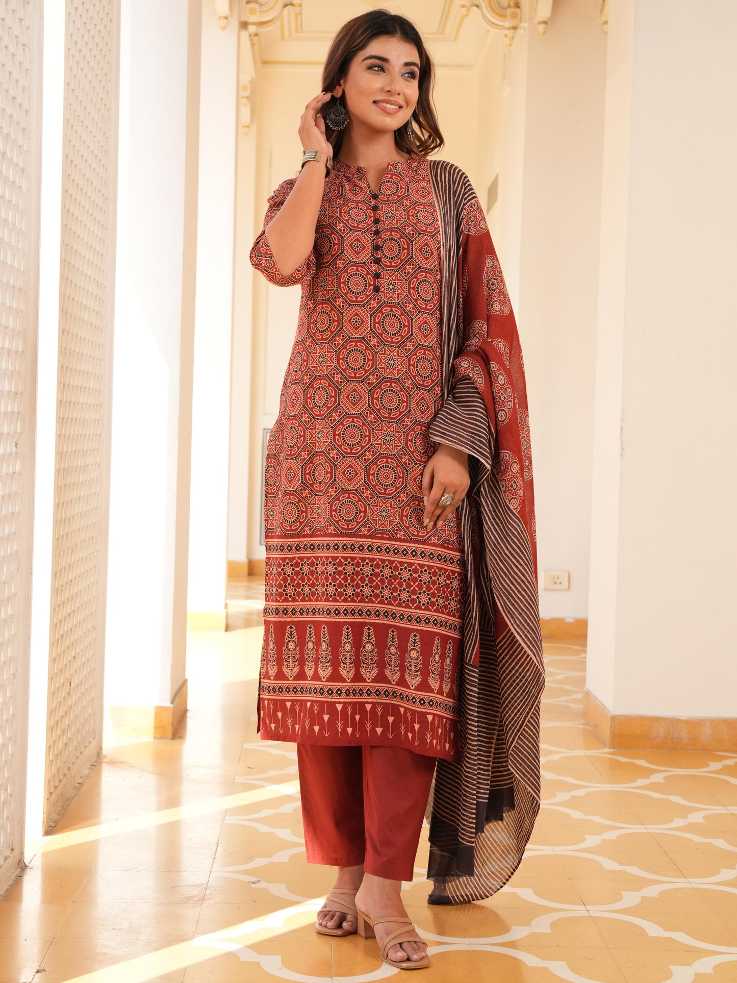 Soft Cotton Geometric Straight Red Kurta