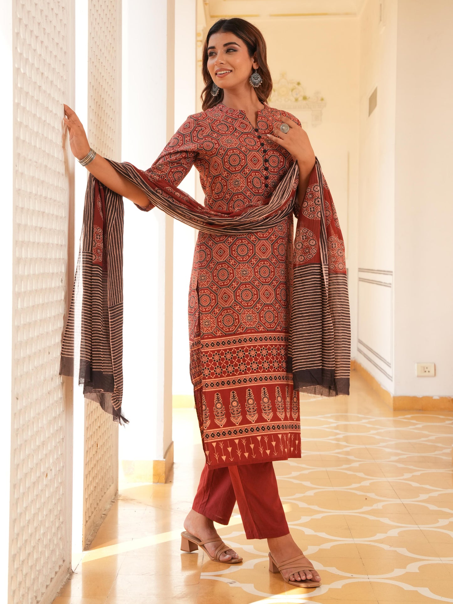 Soft Cotton Geometric Straight Red Kurta