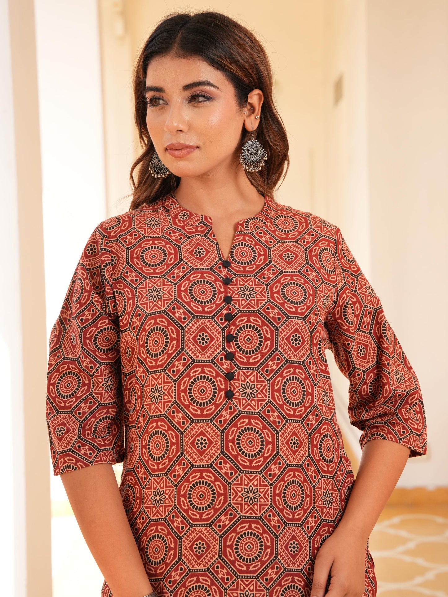 Soft Cotton Geometric Straight Red Kurta