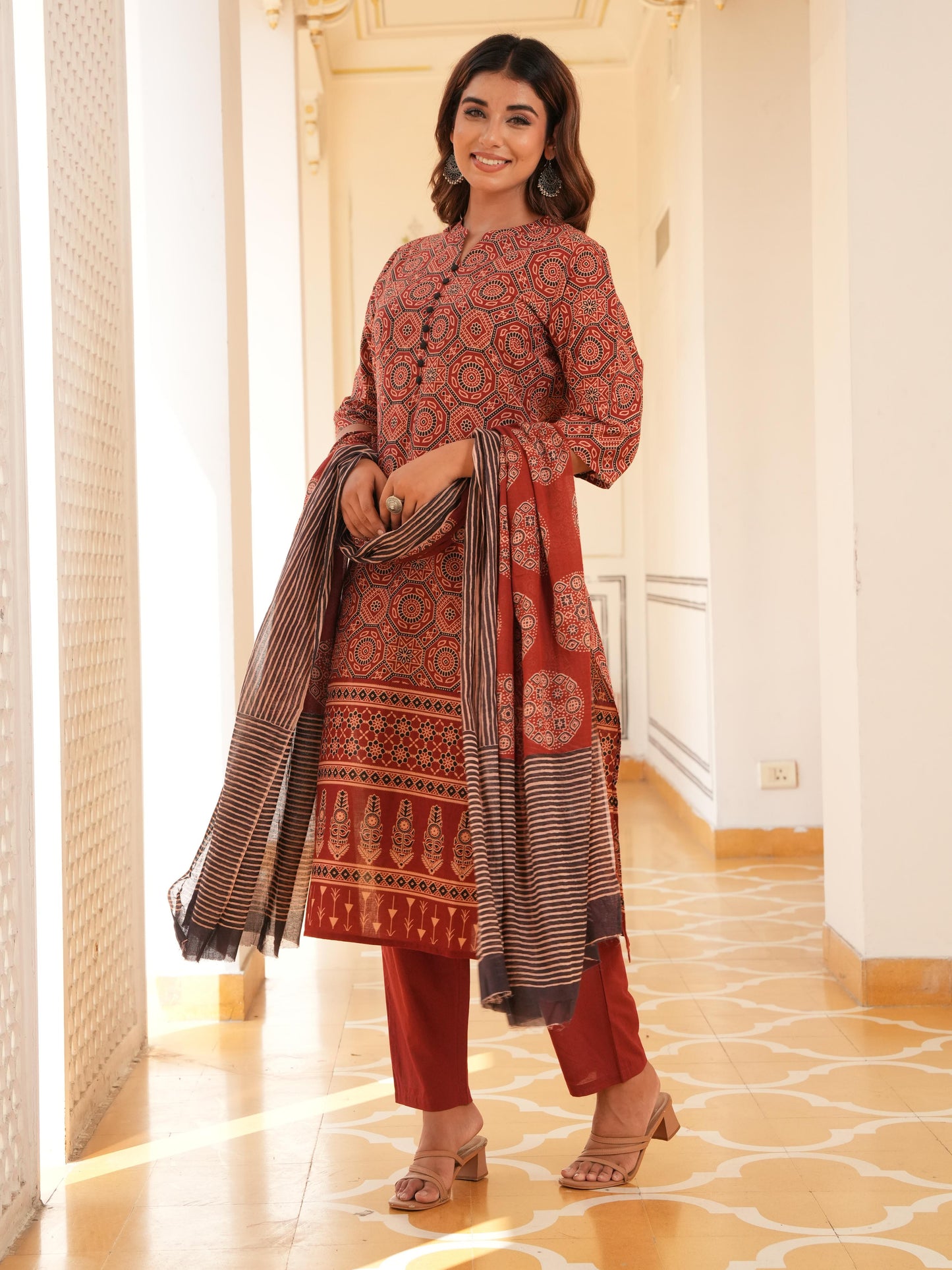Soft Cotton Geometric Straight Red Kurta