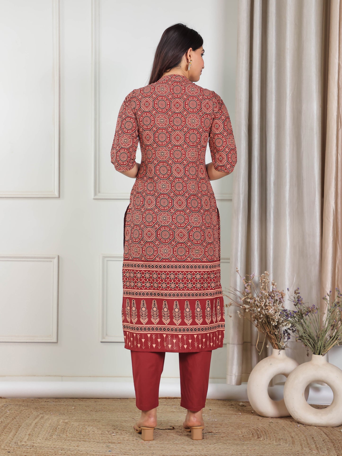 Soft Cotton Geometric Straight Red Kurta