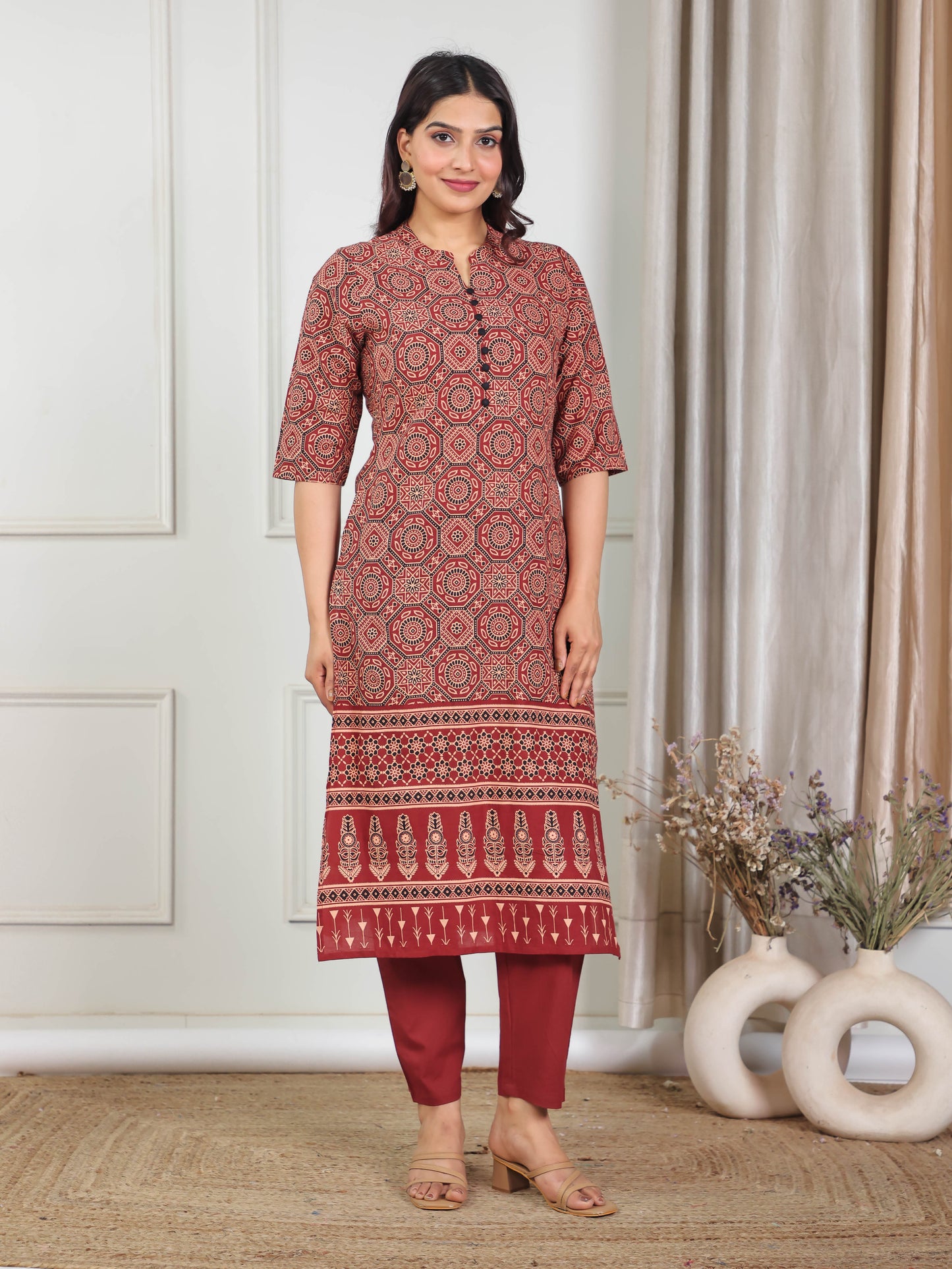 Soft Cotton Geometric Straight Red Kurta