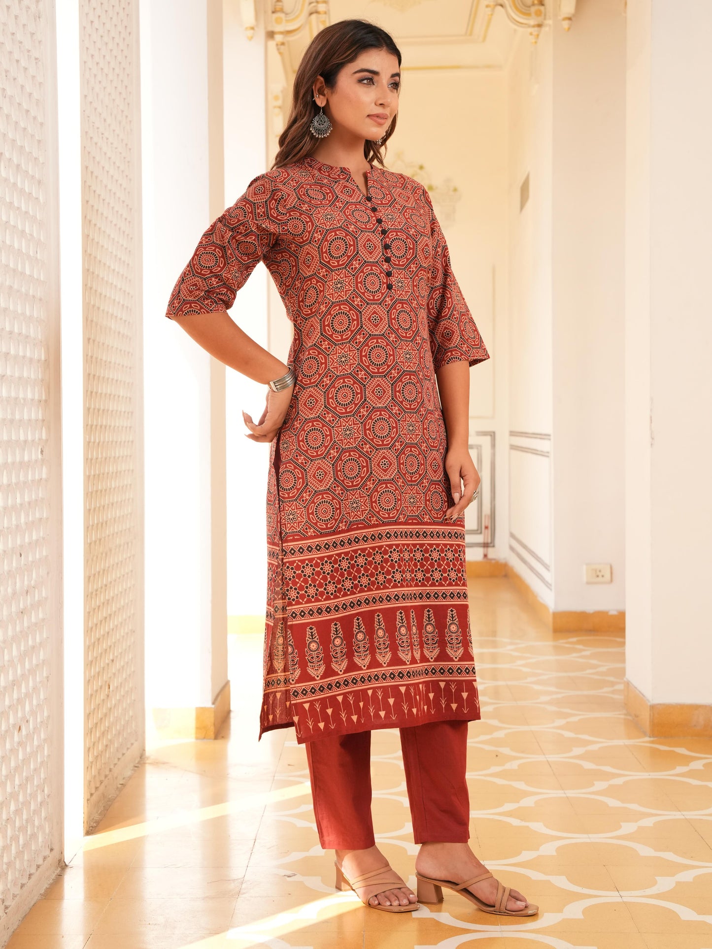 Soft Cotton Geometric Straight Red Kurta