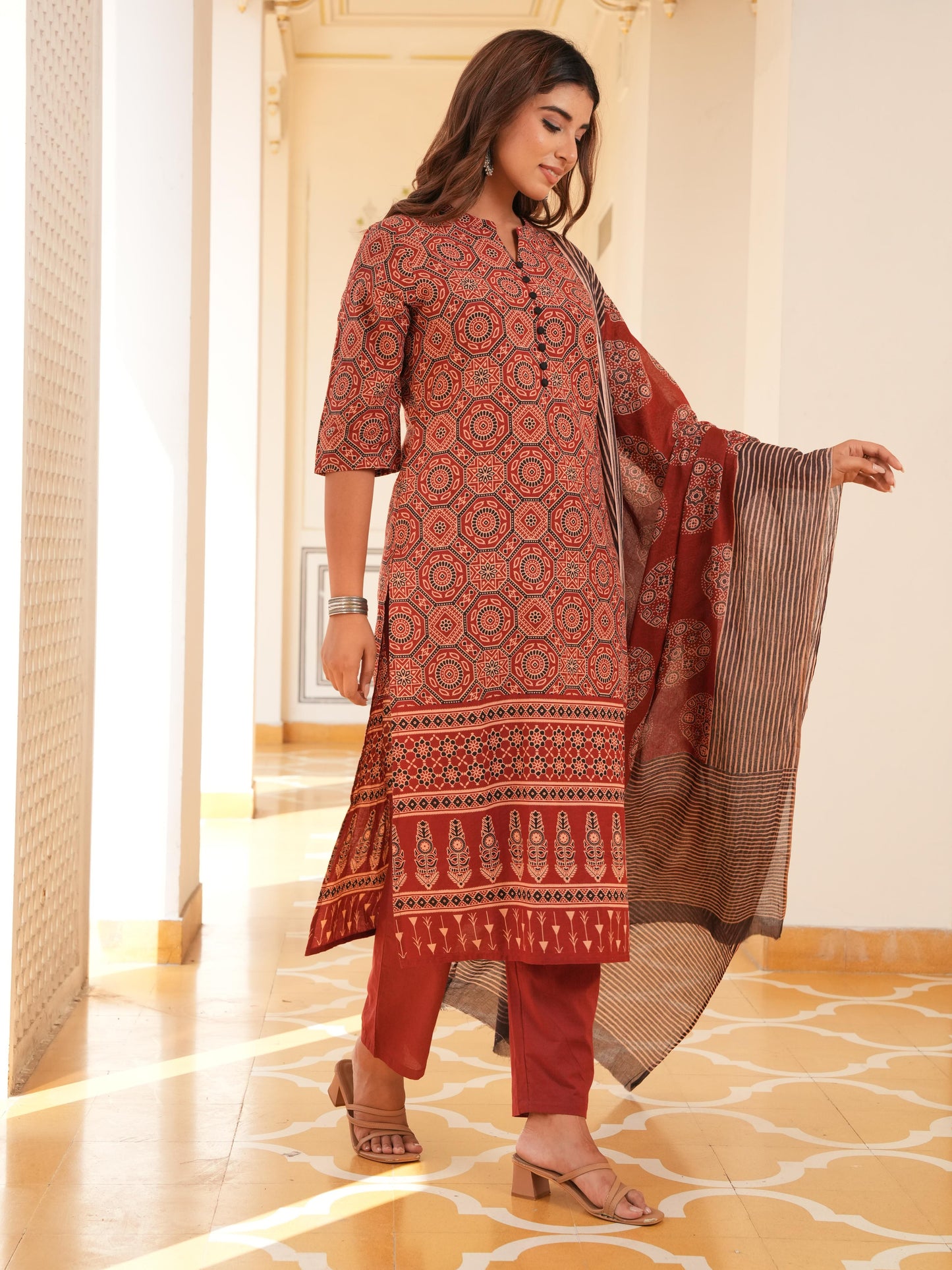 Soft Cotton Geometric Straight Red Kurta