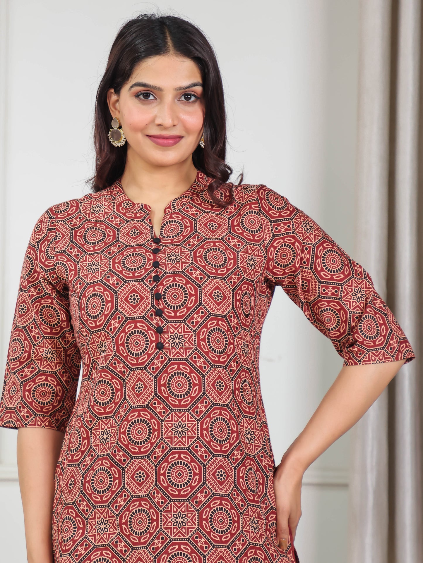 Soft Cotton Geometric Straight Red Kurta