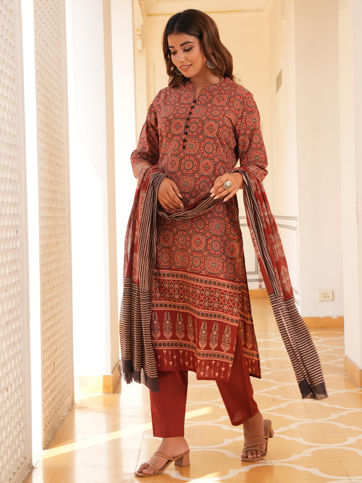 Soft Cotton Geometric Straight Red Kurta