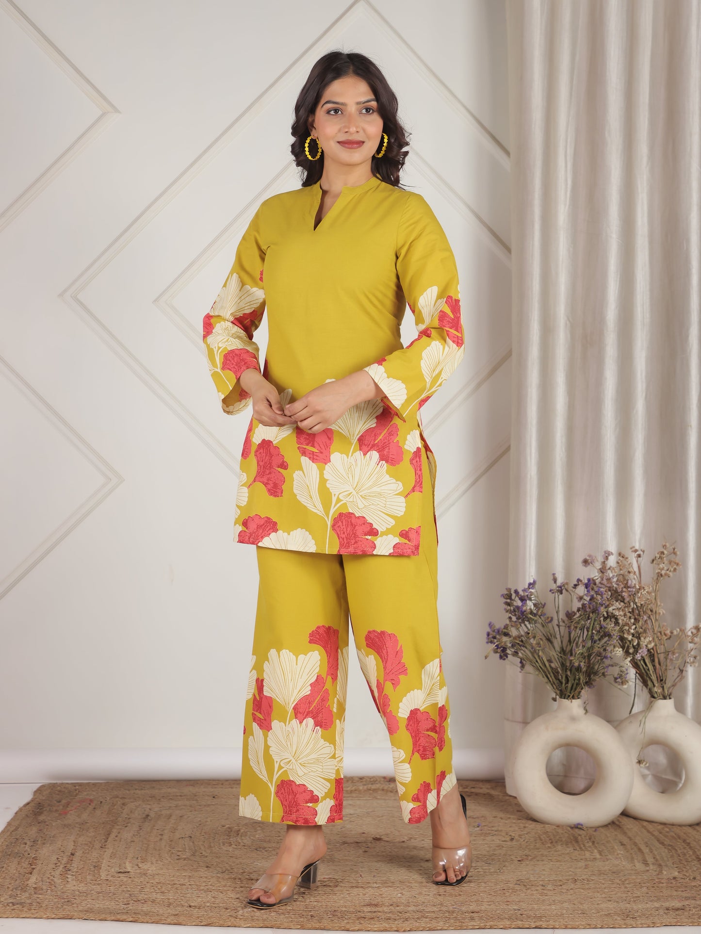 Soft Cotton Placement Print Straight Yellow Coord