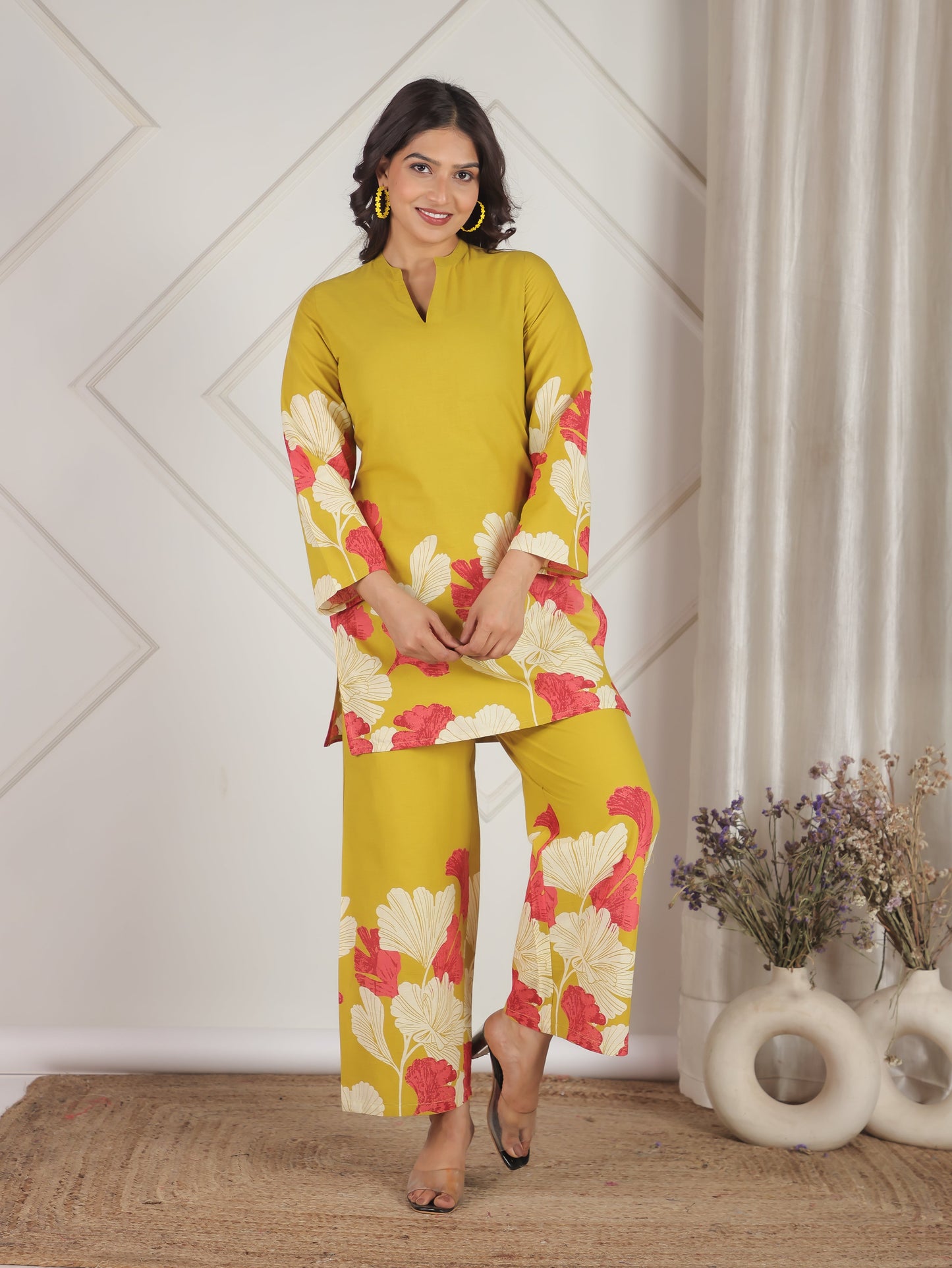Soft Cotton Placement Print Straight Yellow Coord