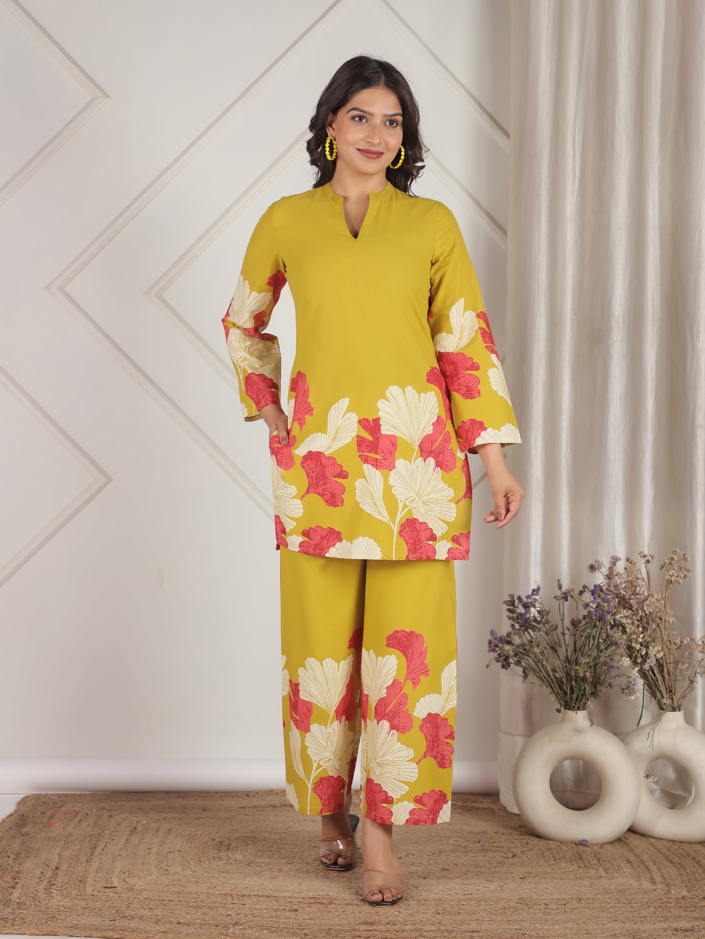 Soft Cotton Placement Print Straight Yellow Coord