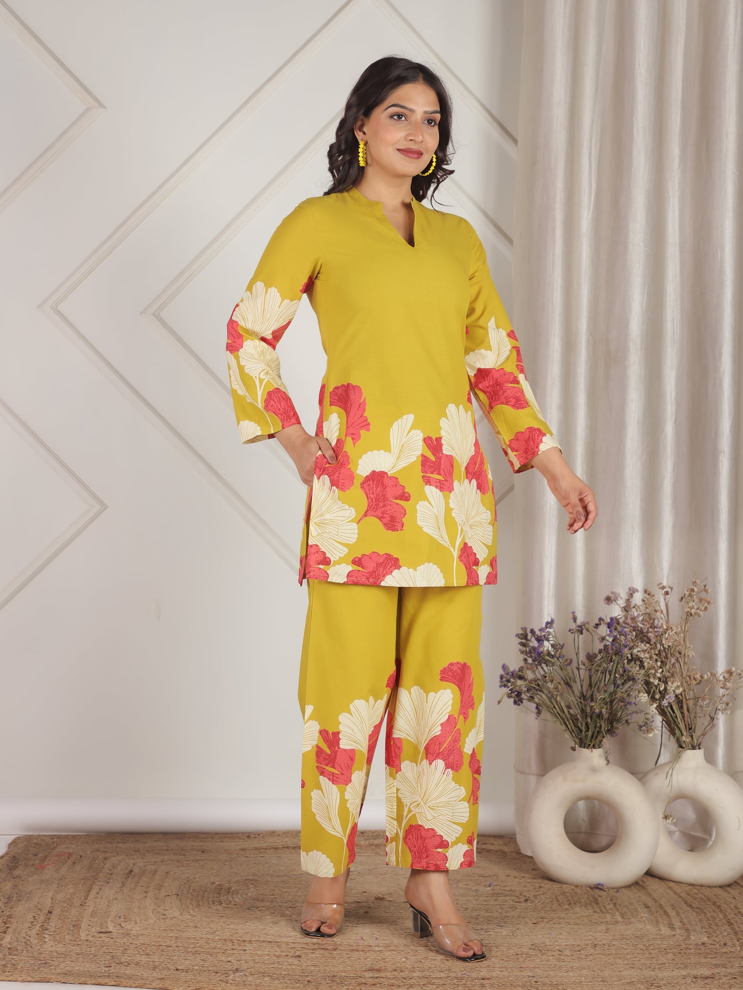 Soft Cotton Placement Print Straight Yellow Coord