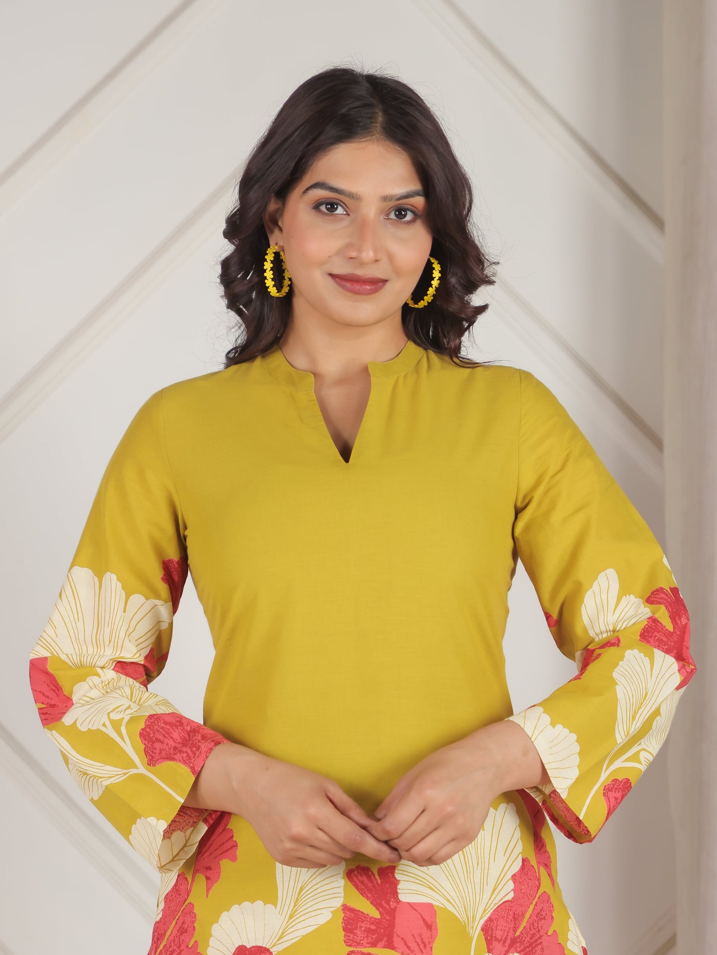 Soft Cotton Placement Print Straight Yellow Coord