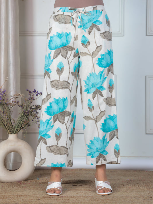 Linen Cotton Floral Off White Palazzo