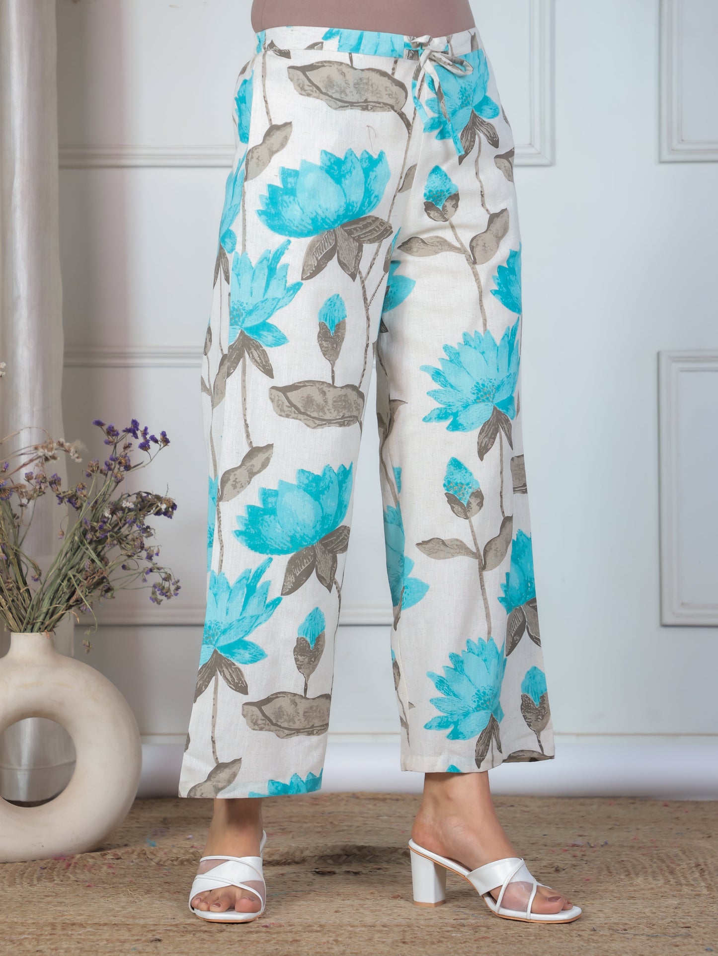 Linen Cotton Floral Off White Palazzo