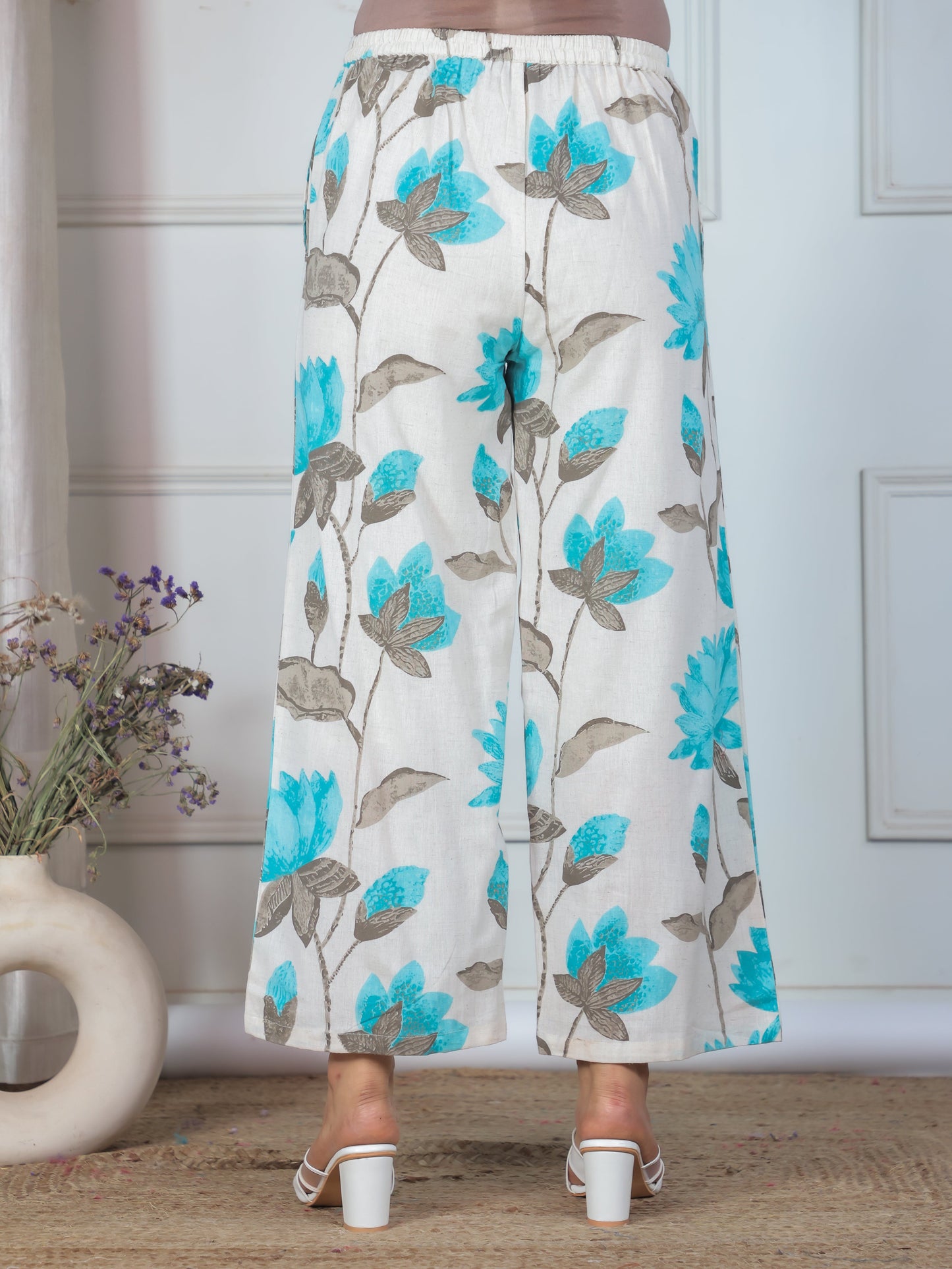 Linen Cotton Floral Off White Palazzo
