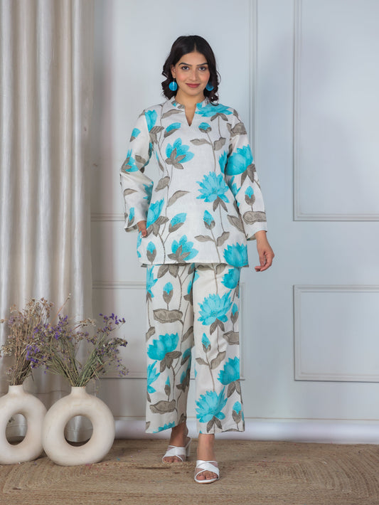 Linen Cotton Floral Straight Off White Co-ord