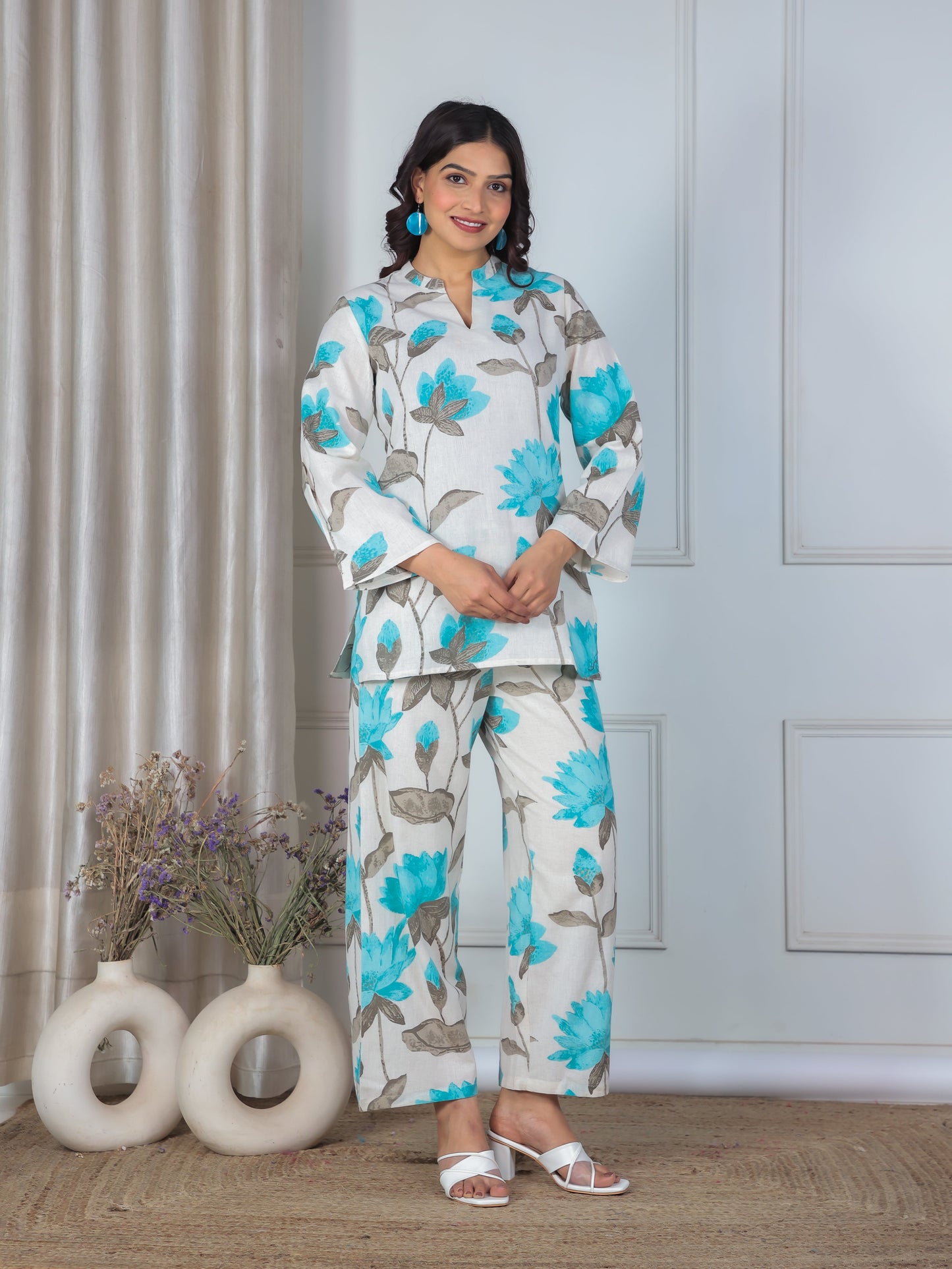 Linen Cotton Floral Straight Off White Co-ord