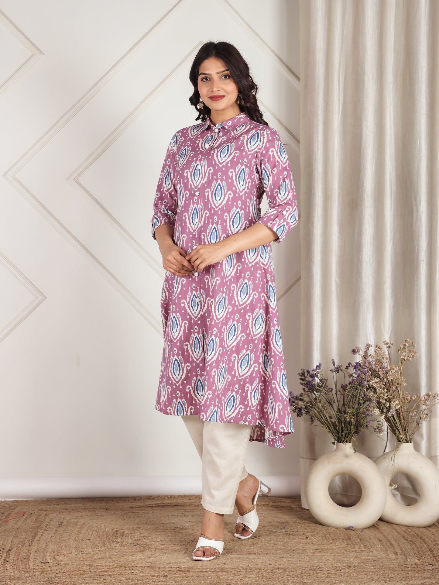 Linen Cotton Ikat Flared Purple Kurta