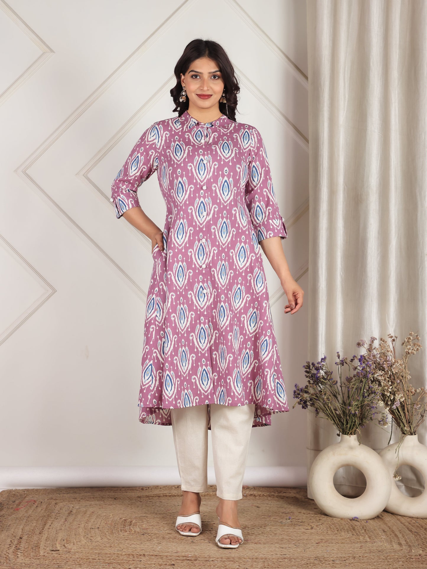 Linen Cotton Ikat Flared Purple Kurta