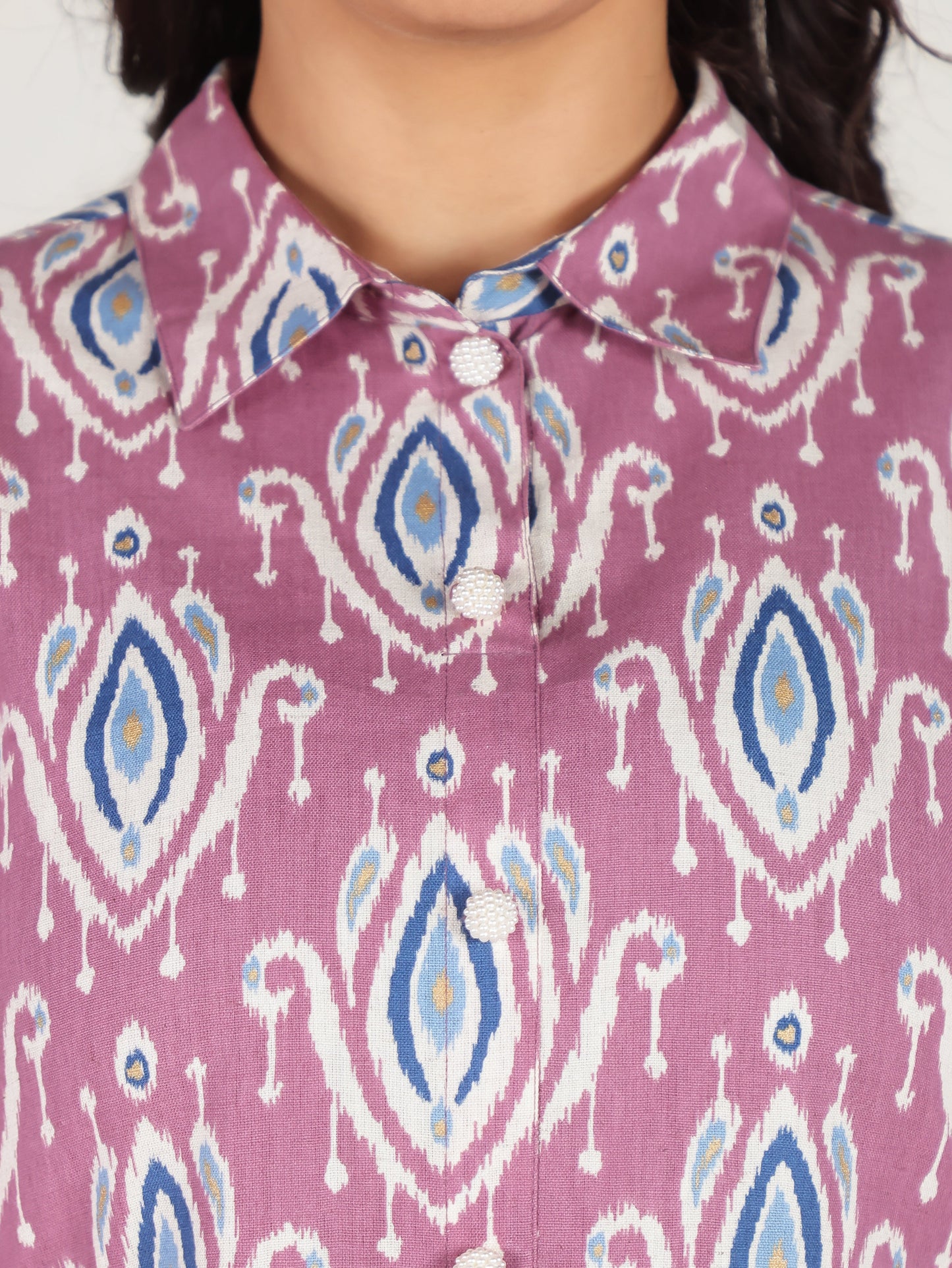 Linen Cotton Ikat Flared Purple Kurta