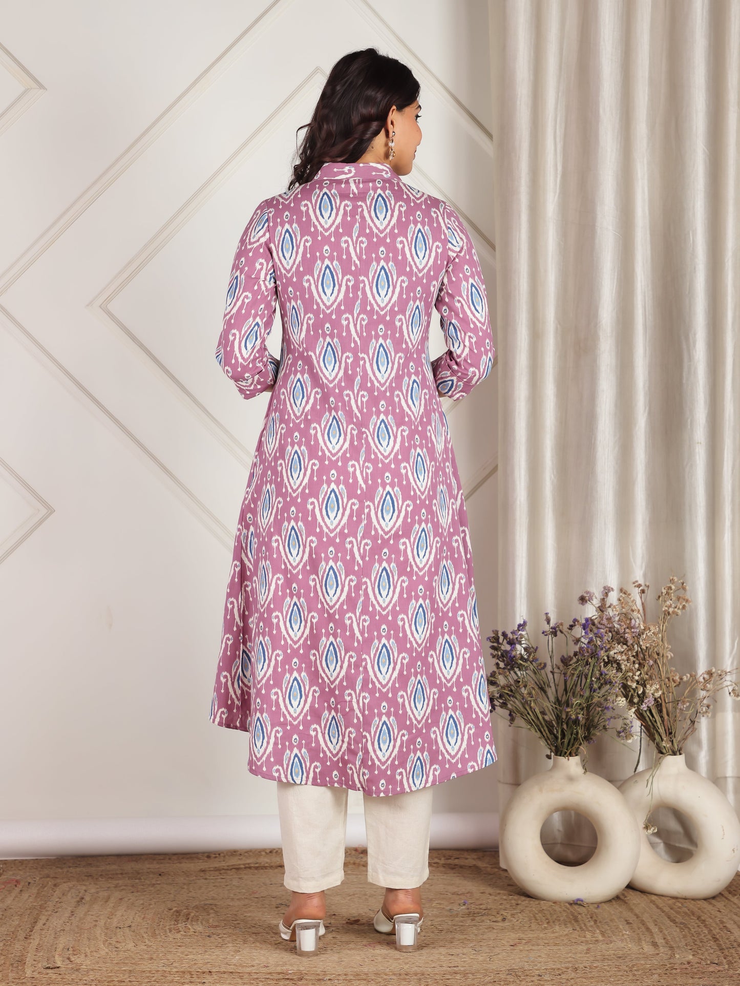 Linen Cotton Ikat Flared Purple Kurta