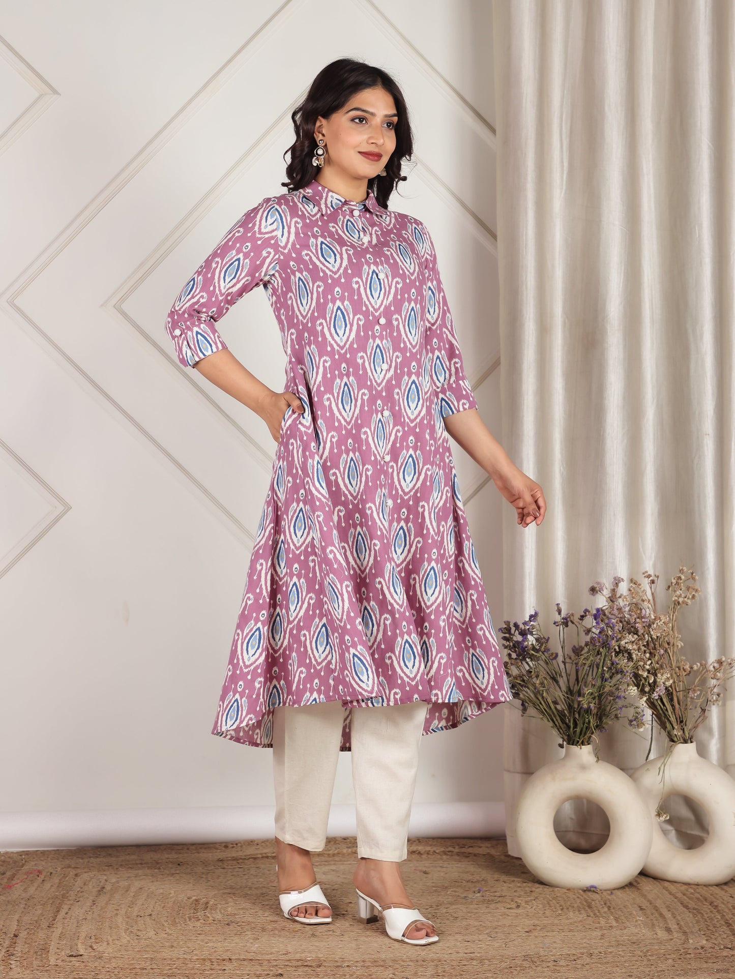 Linen Cotton Ikat Flared Purple Kurta
