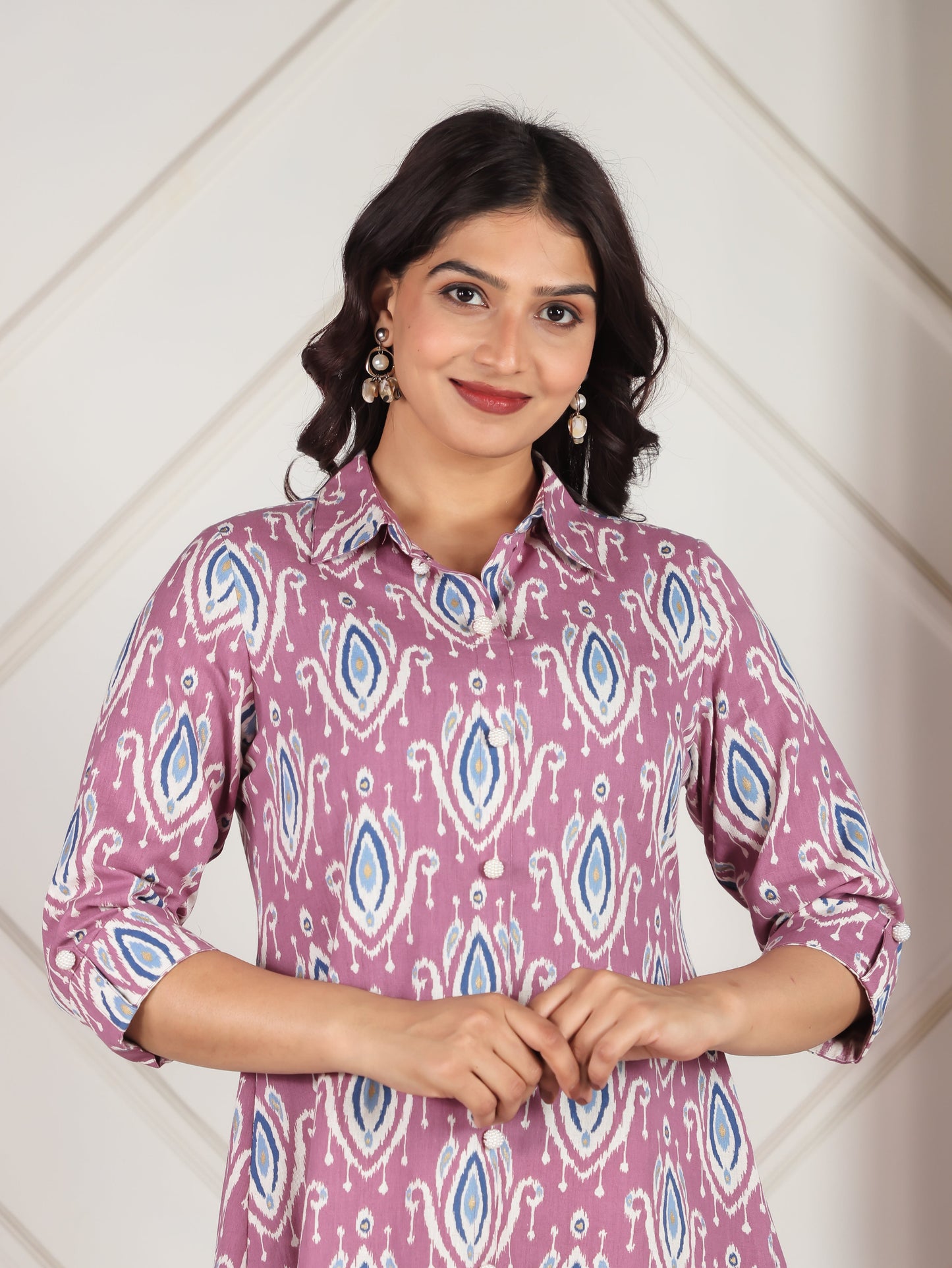 Linen Cotton Ikat Flared Purple Kurta