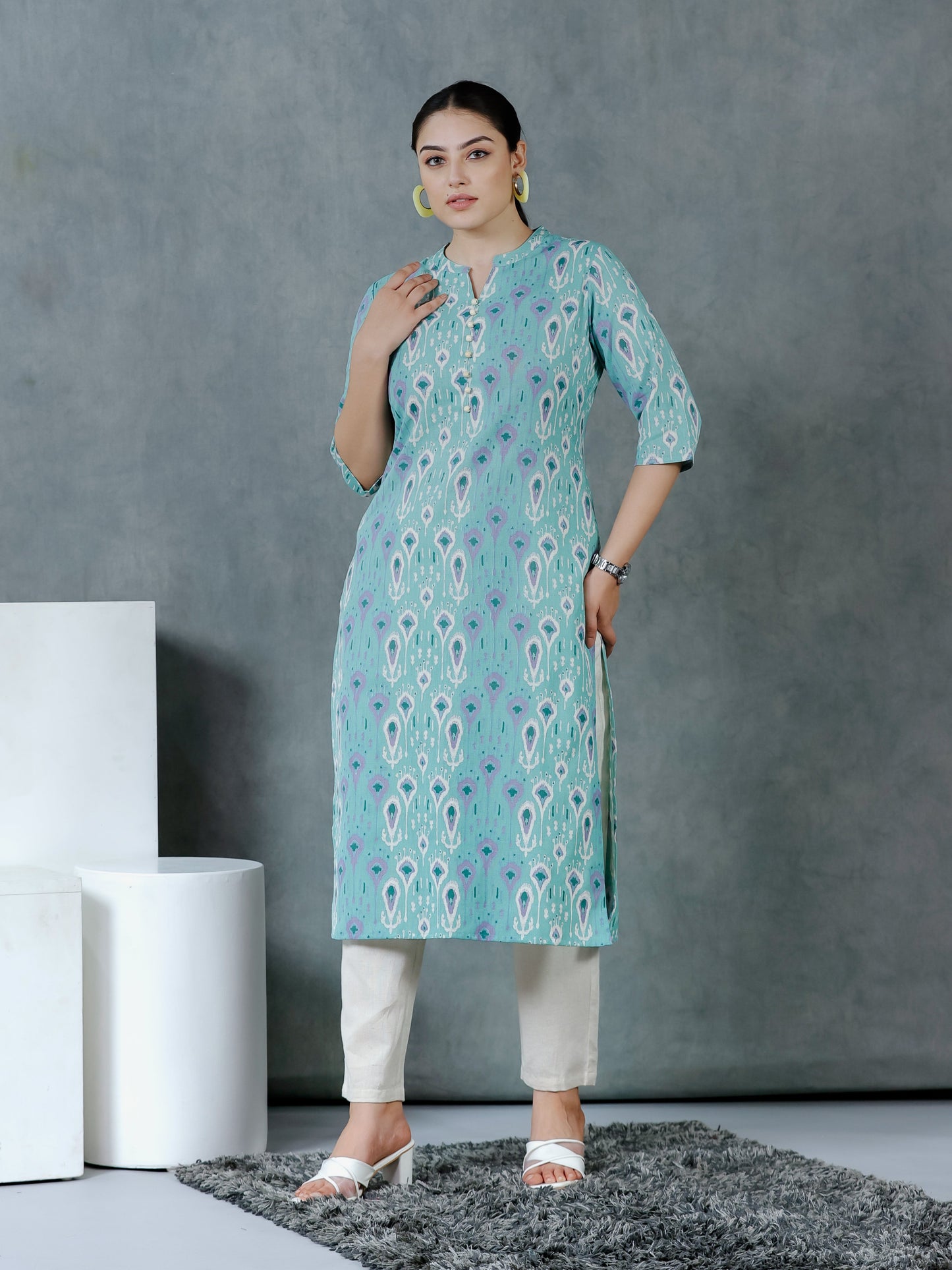 Linen Cotton Paisley Straight Green Kurta
