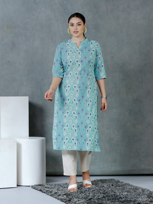 Linen Cotton Paisley Straight Green Kurta