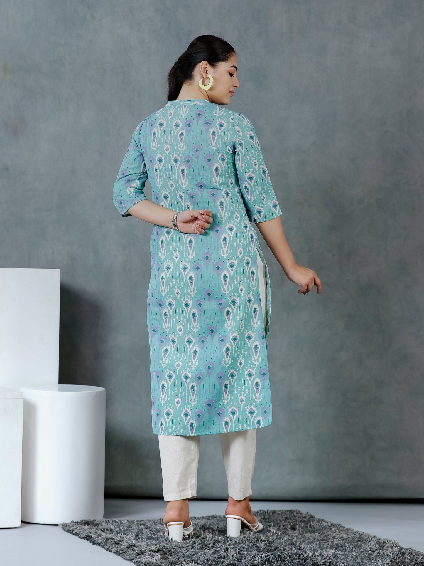 Linen Cotton Paisley Straight Green Kurta