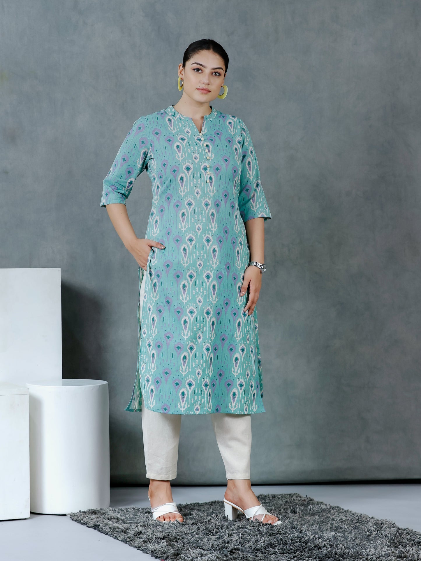 Linen Cotton Paisley Straight Green Kurta