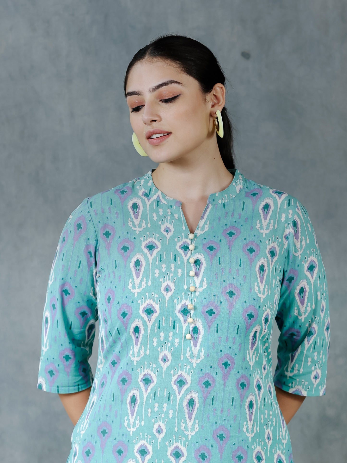 Linen Cotton Paisley Straight Green Kurta