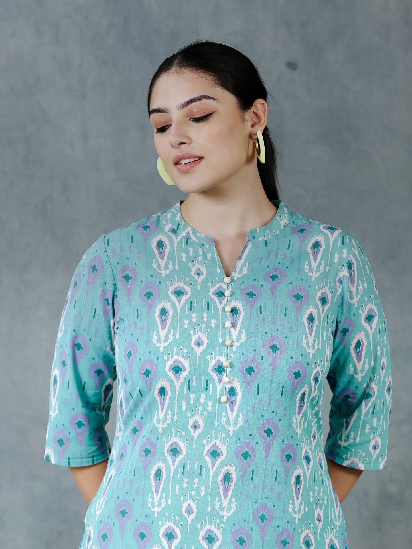 Linen Cotton Paisley Straight Green Kurta