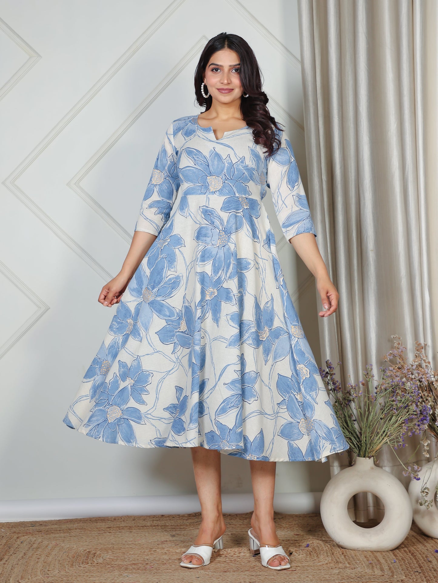 Linen Cotton Floral Anarkali Blue Dress