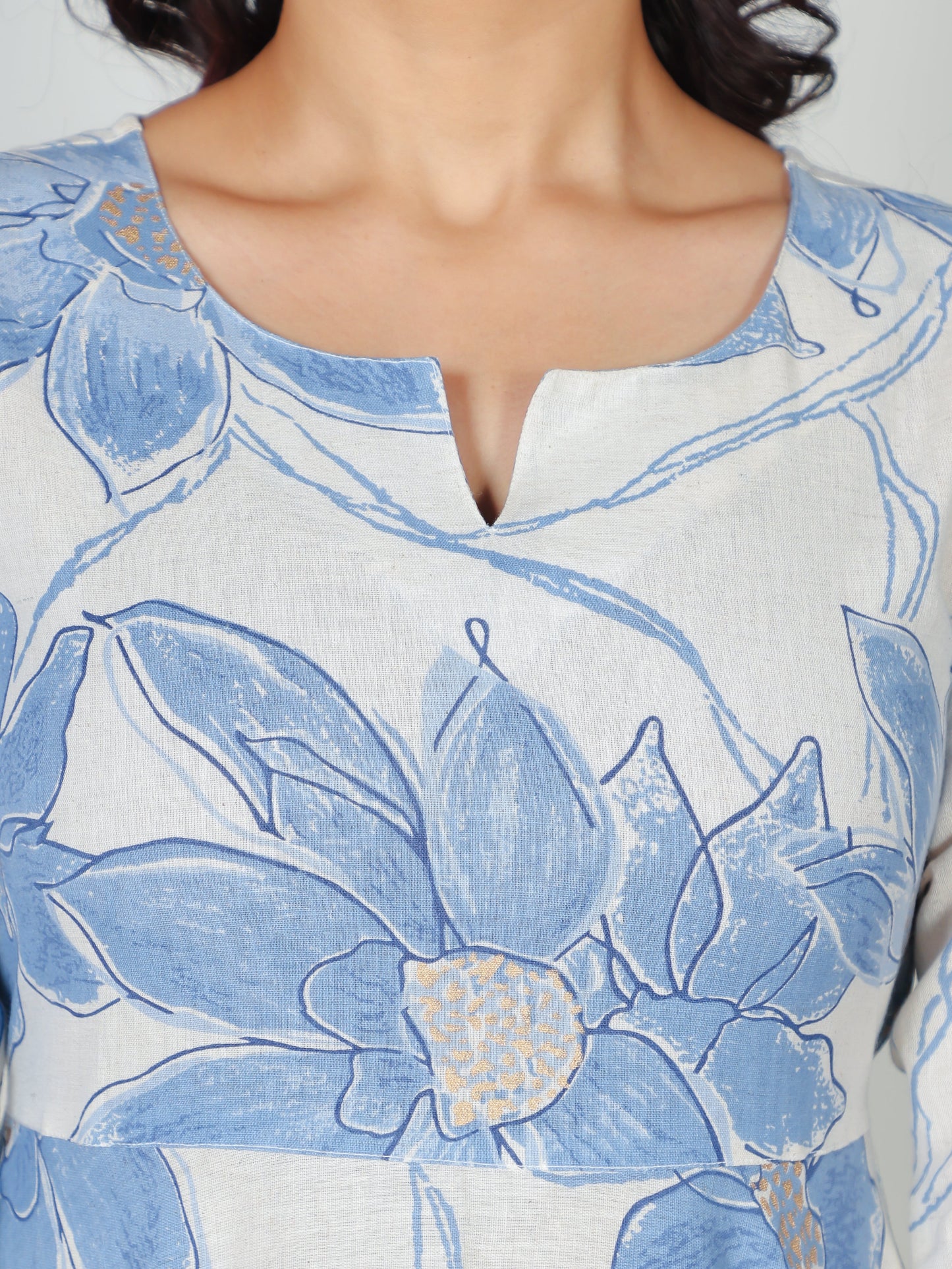 Linen Cotton Floral Anarkali Blue Dress