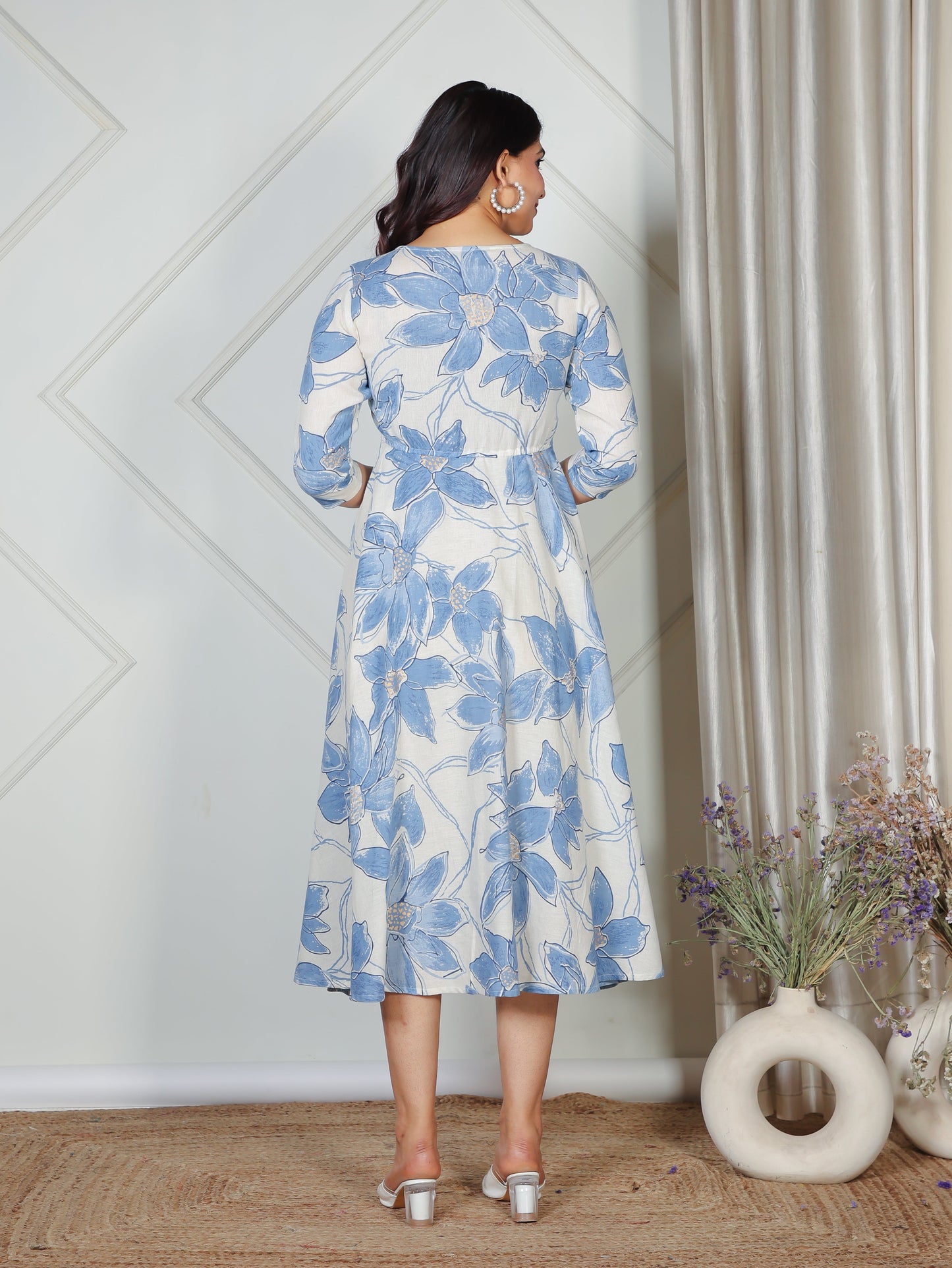 Linen Cotton Floral Anarkali Blue Dress