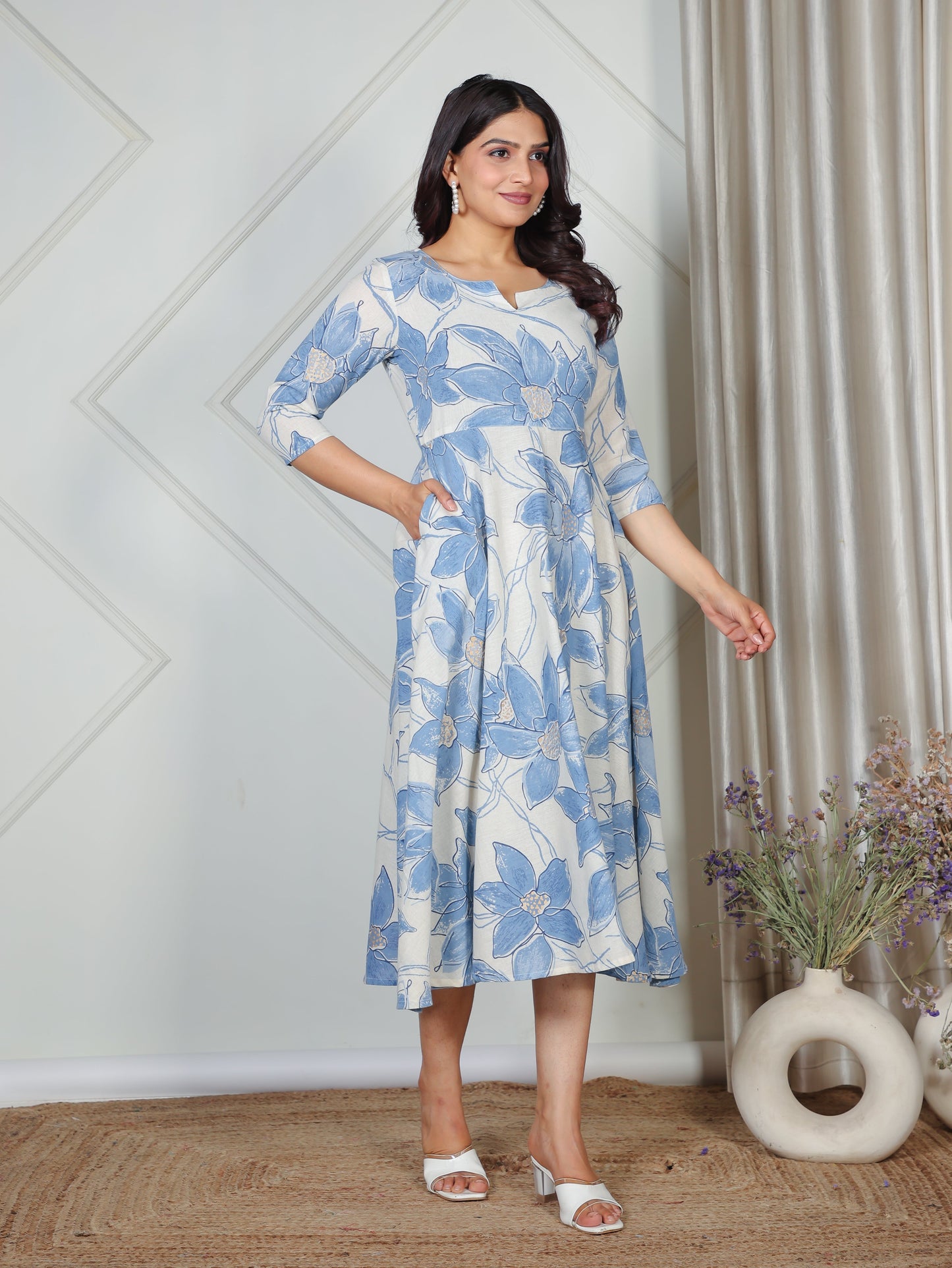 Linen Cotton Floral Anarkali Blue Dress