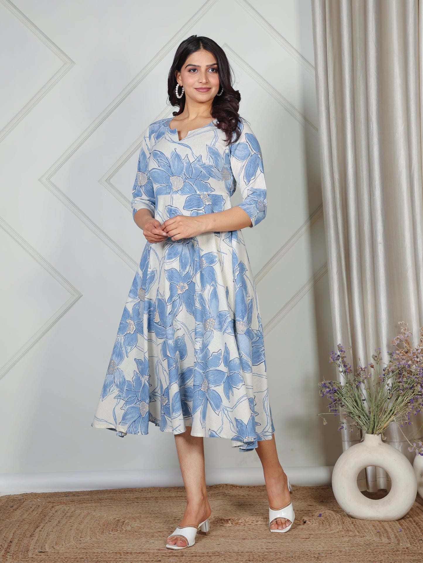 Linen Cotton Floral Anarkali Blue Dress