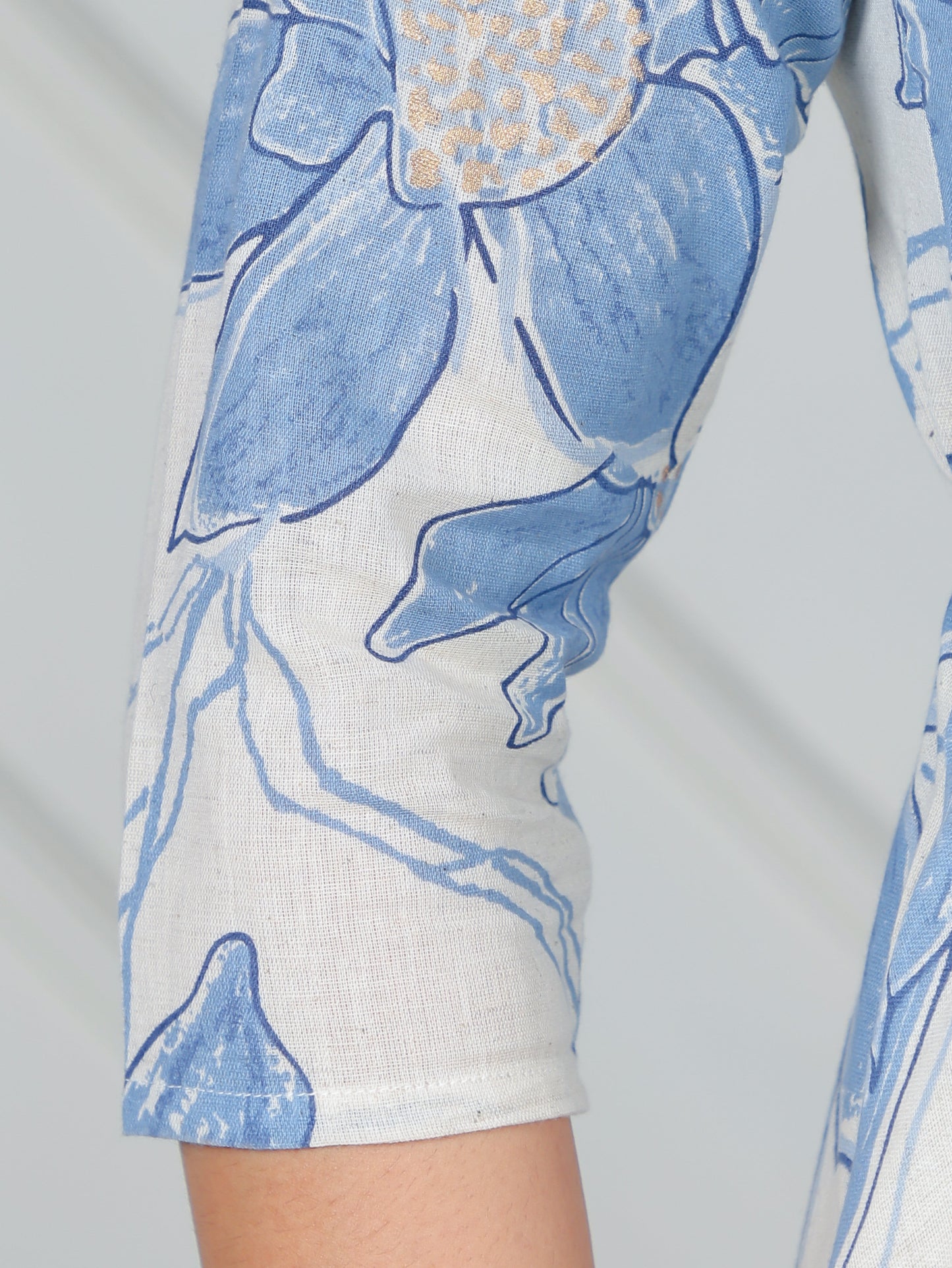 Linen Cotton Floral Anarkali Blue Dress