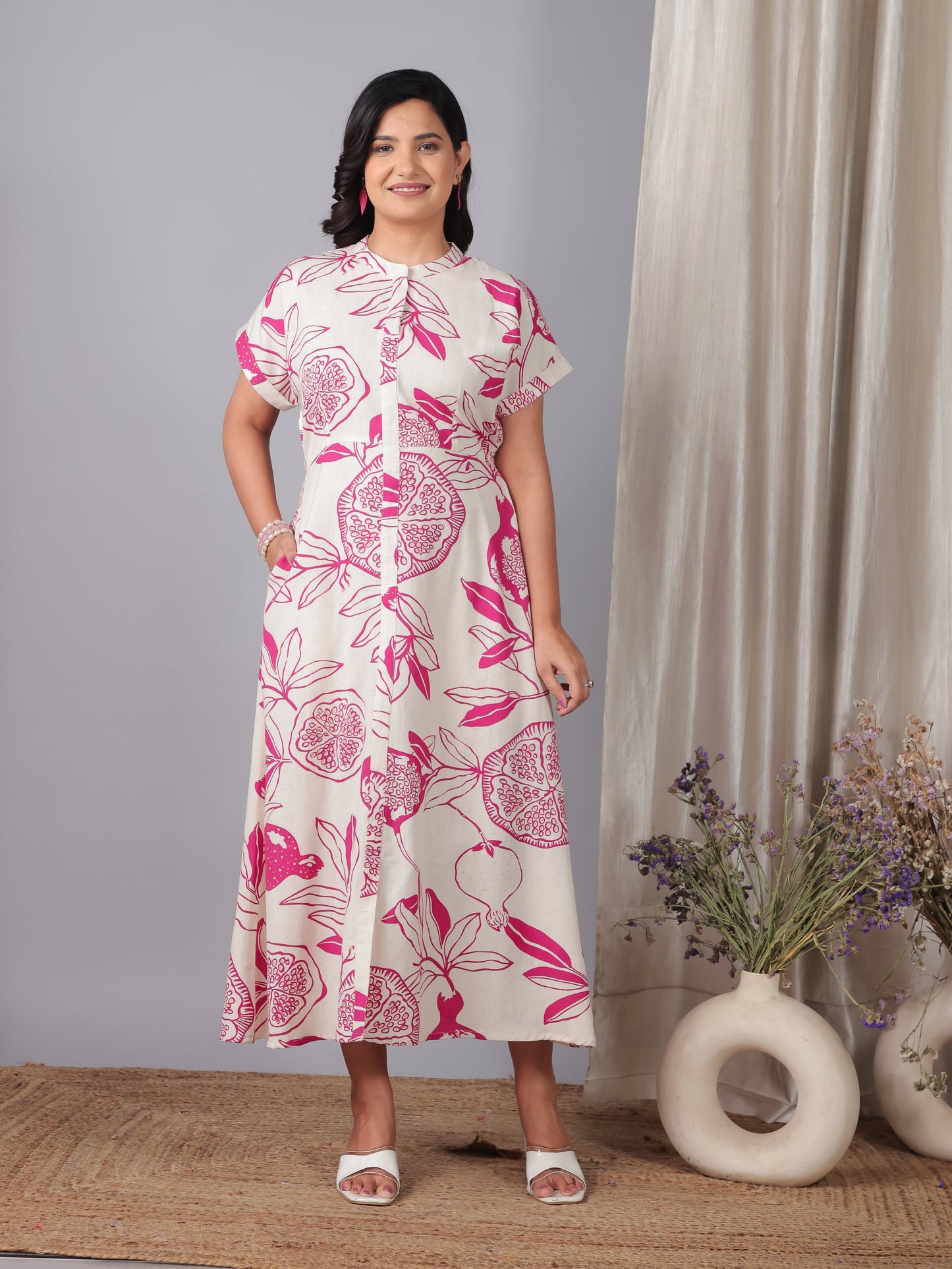 Linen Cotton Foliage A-line Off White Dress