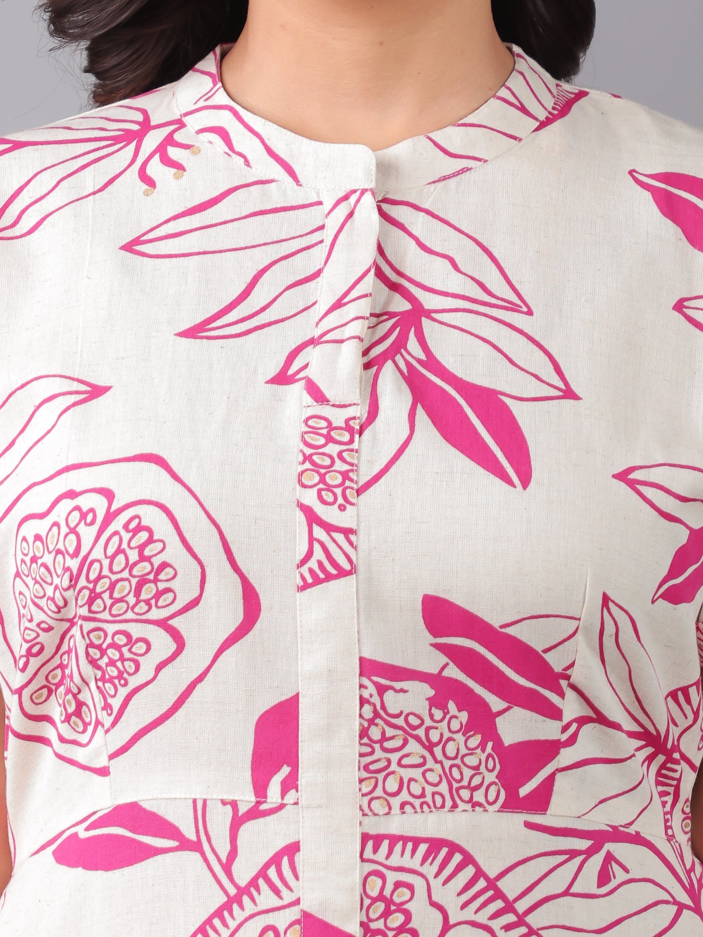 Linen Cotton Foliage A-line Off White Dress