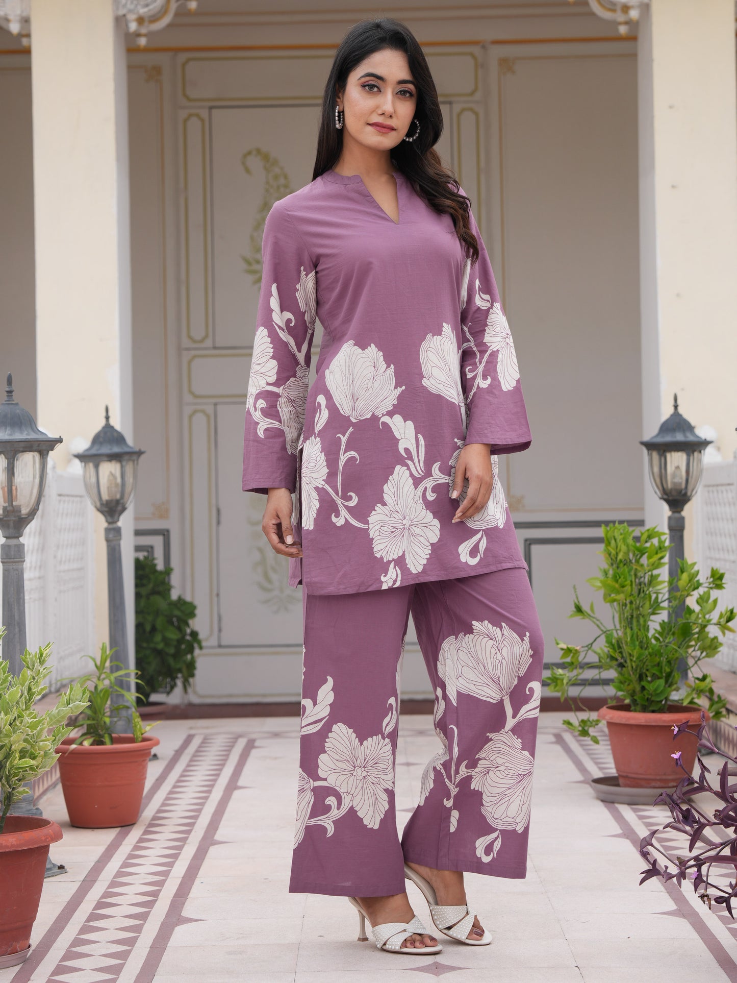 Soft Cotton Placement Print Straight Purple Coord
