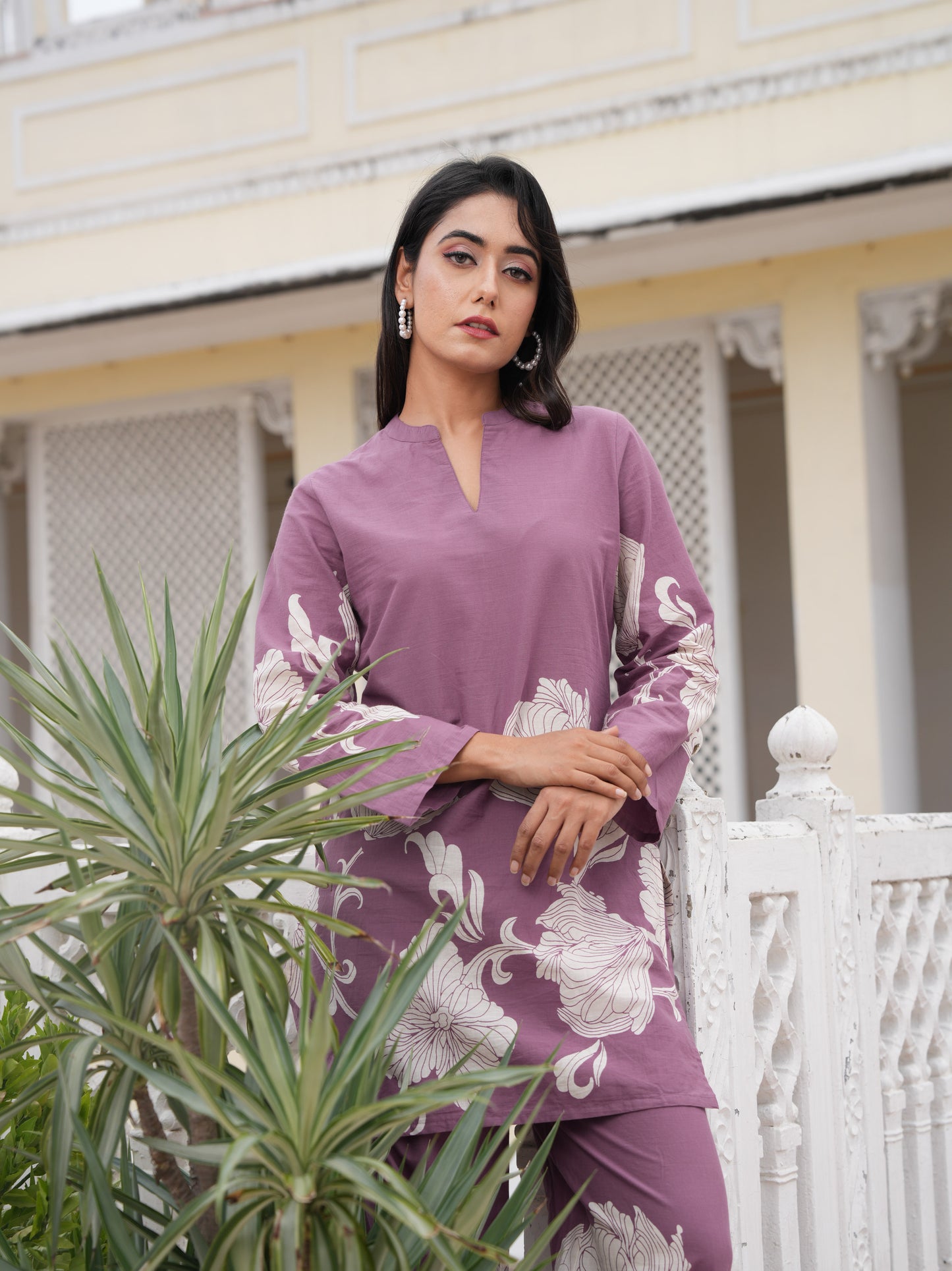 Soft Cotton Placement Print Straight Purple Coord