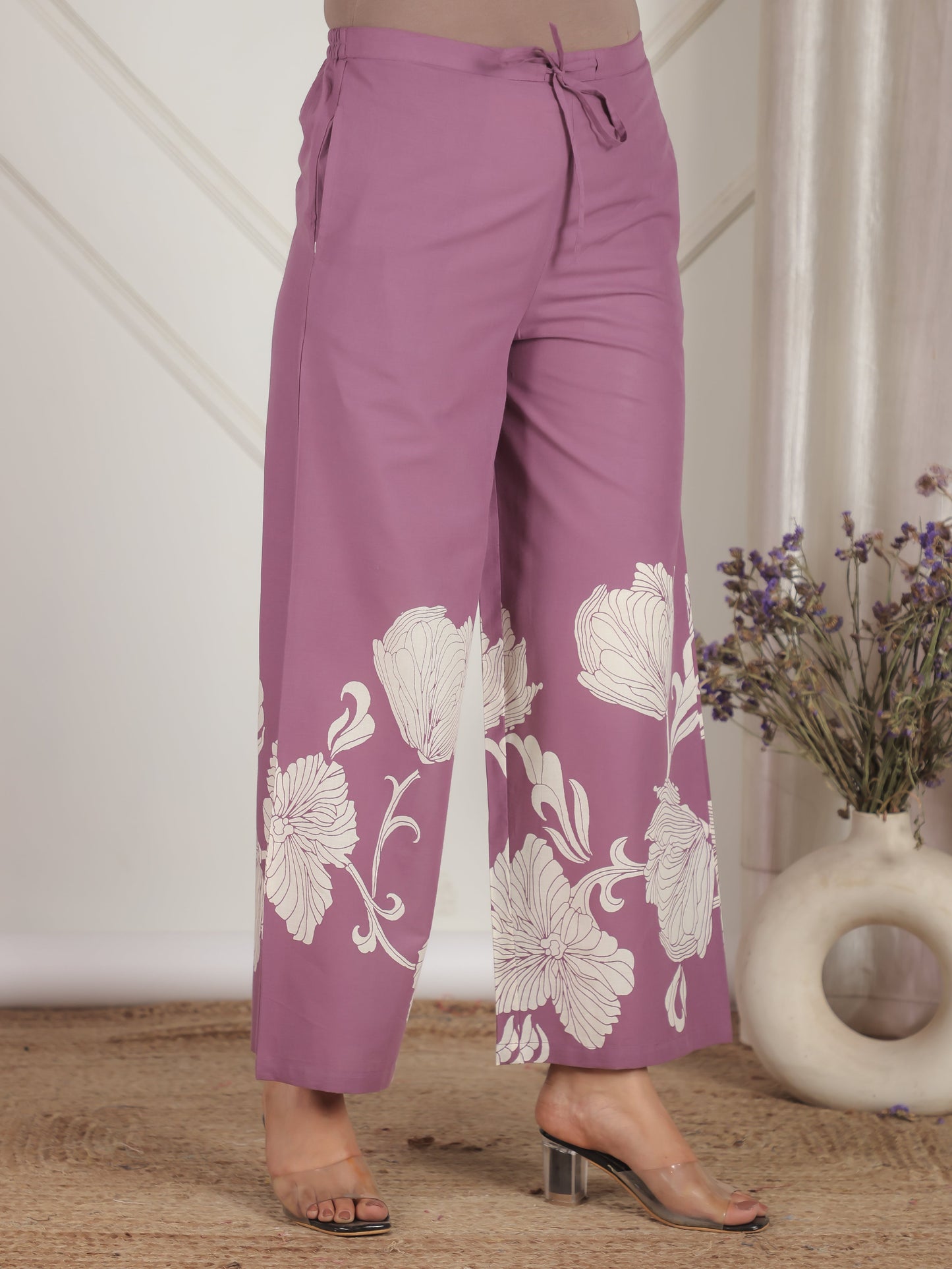Soft Cotton Placement Print Straight Purple Coord