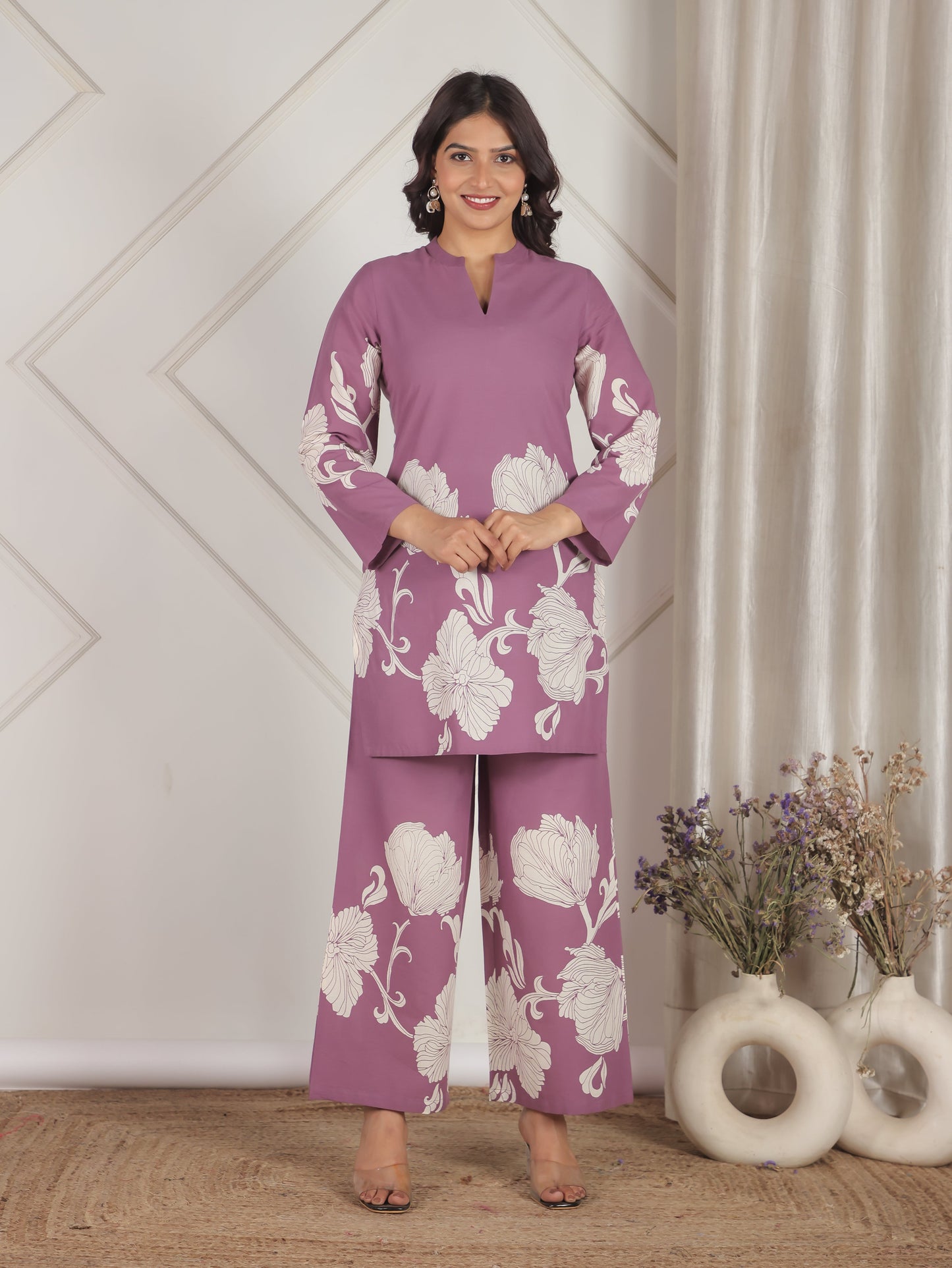 Soft Cotton Placement Print Straight Purple Coord