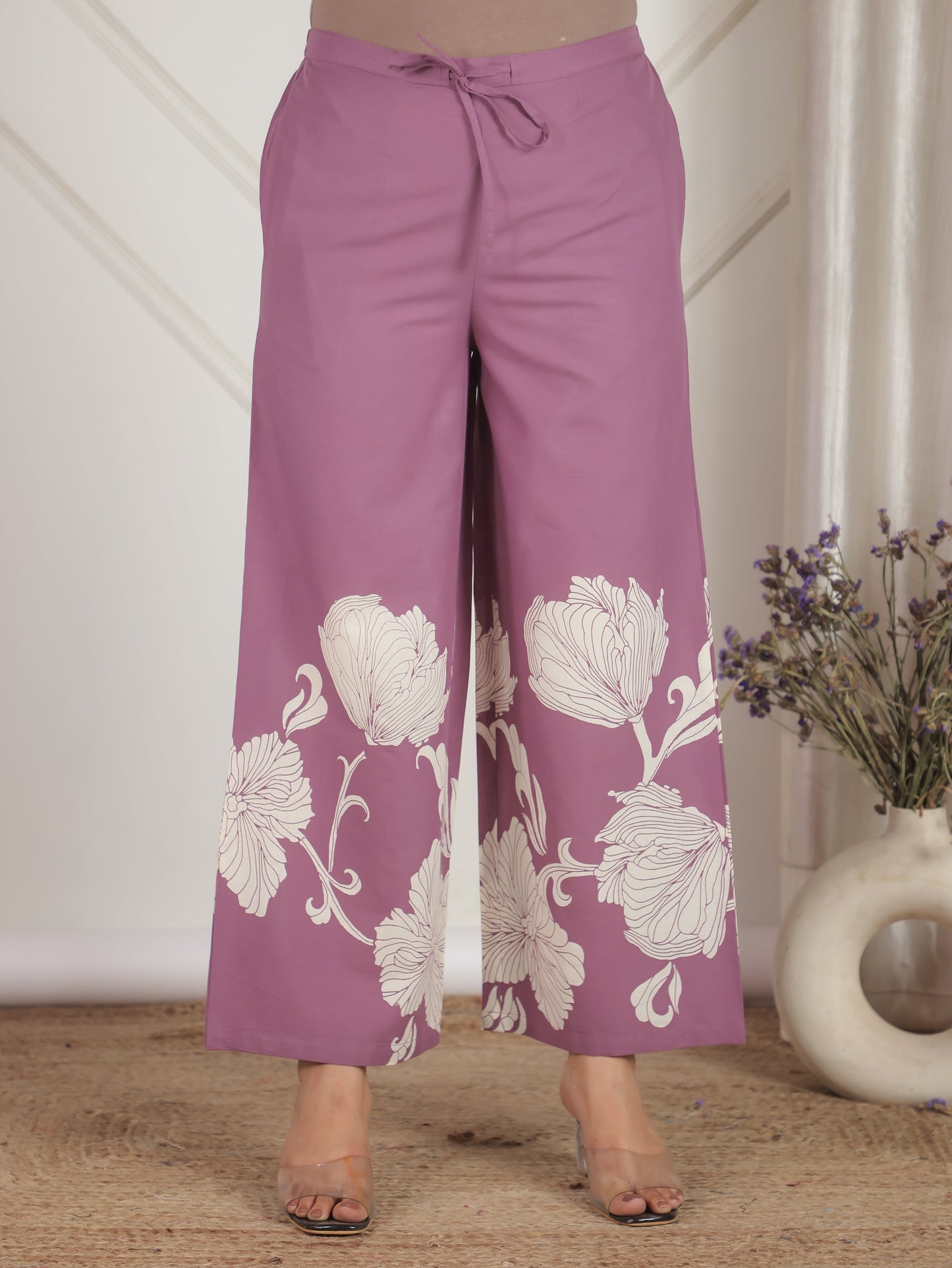 Soft Cotton Placement Print Straight Purple Coord