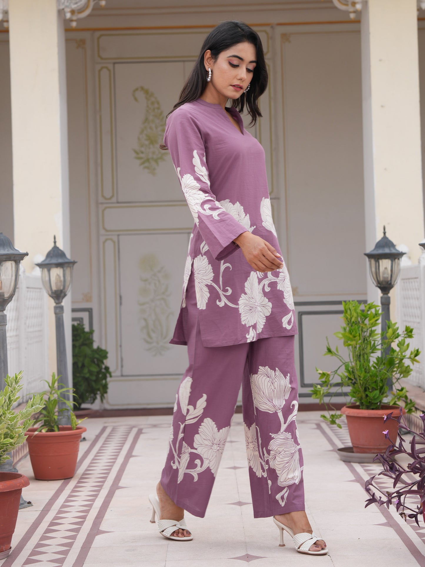 Soft Cotton Placement Print Straight Purple Coord